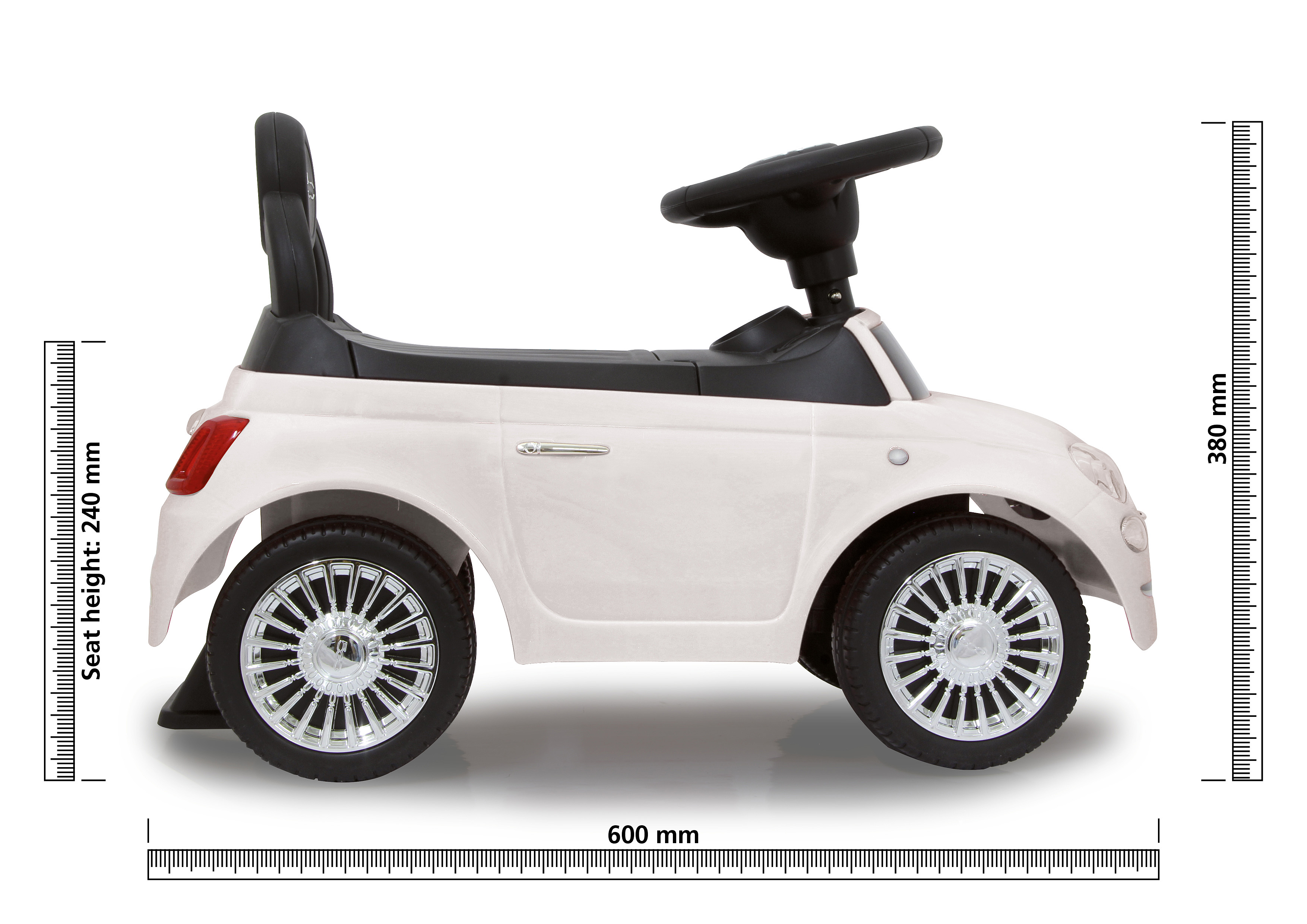 Ein weißes Spielzeugauto mit Messungen und Abmessungen. Schwarzes Lenkrad und hinterer Griff.