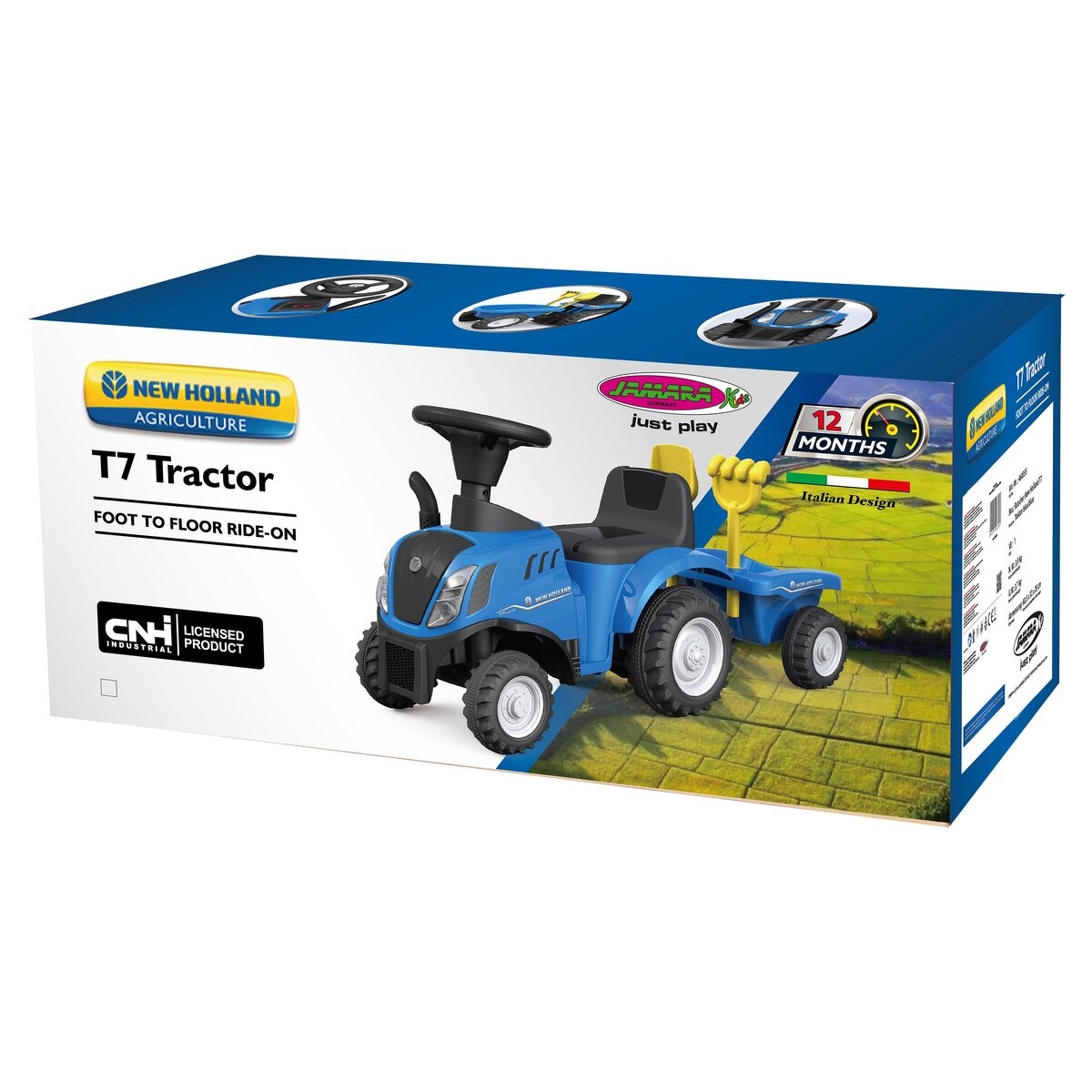 Caja con imagen de tractor de juguete azul. Contiene T7 Tractor, Correpasillos, con accesorios.