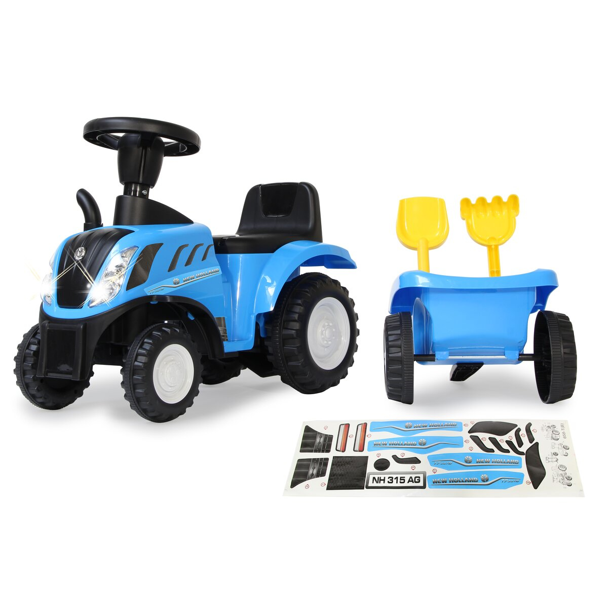 Tractor de juguete azul con remolque y herramientas. Marca New Holland, ruedas blancas.