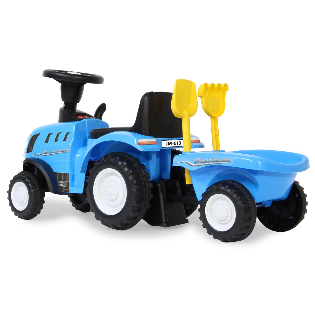 Tractor correpasillos azul. Ruedas blancas. Accesorios de pala y rastrillo amarillos.