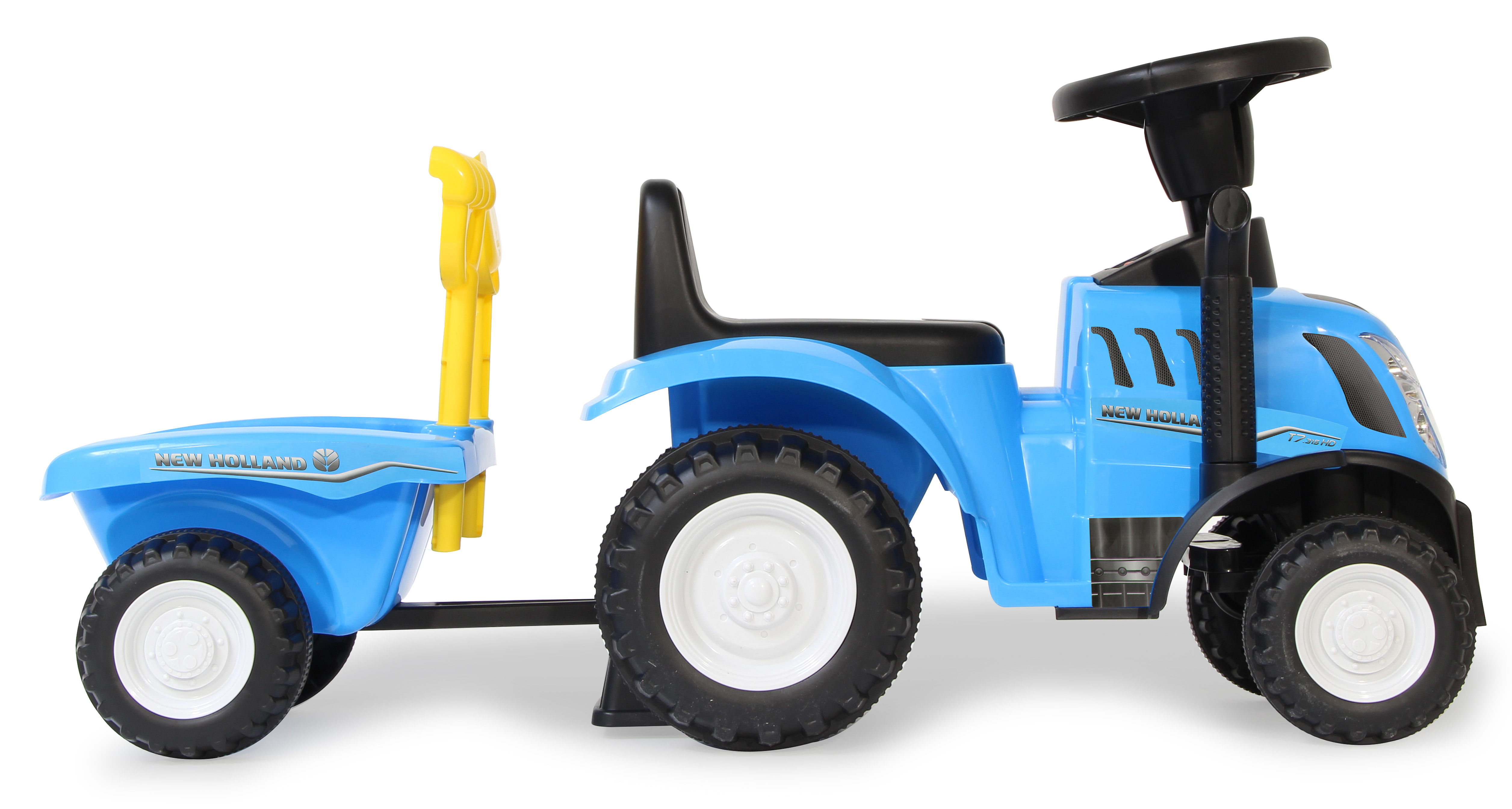 Tractor de juguete azul con remolque. Marca New Holland, ruedas negras, pala amarilla.