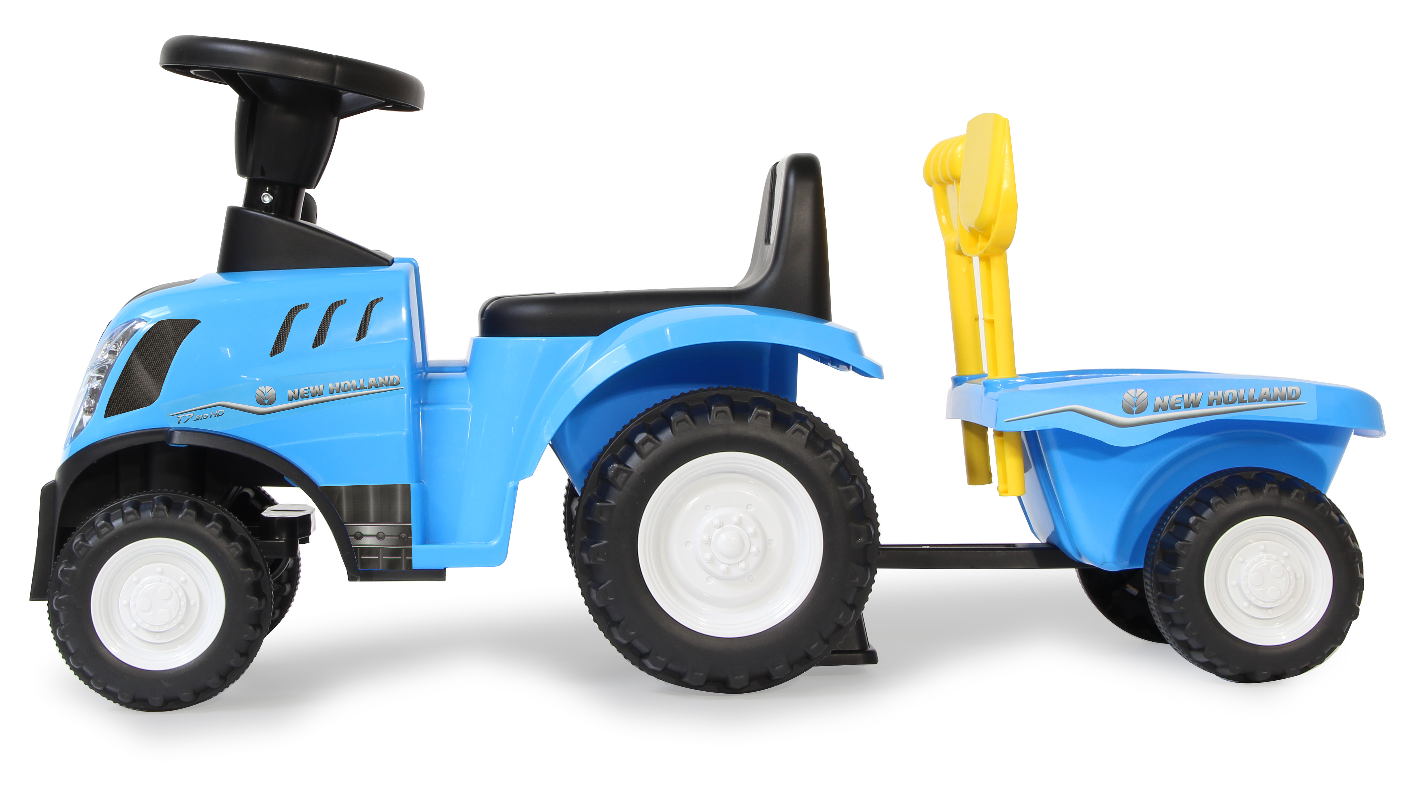 Tractor de juguete azul con remolque, pala amarilla. Marca New Holland, ruedas blancas.