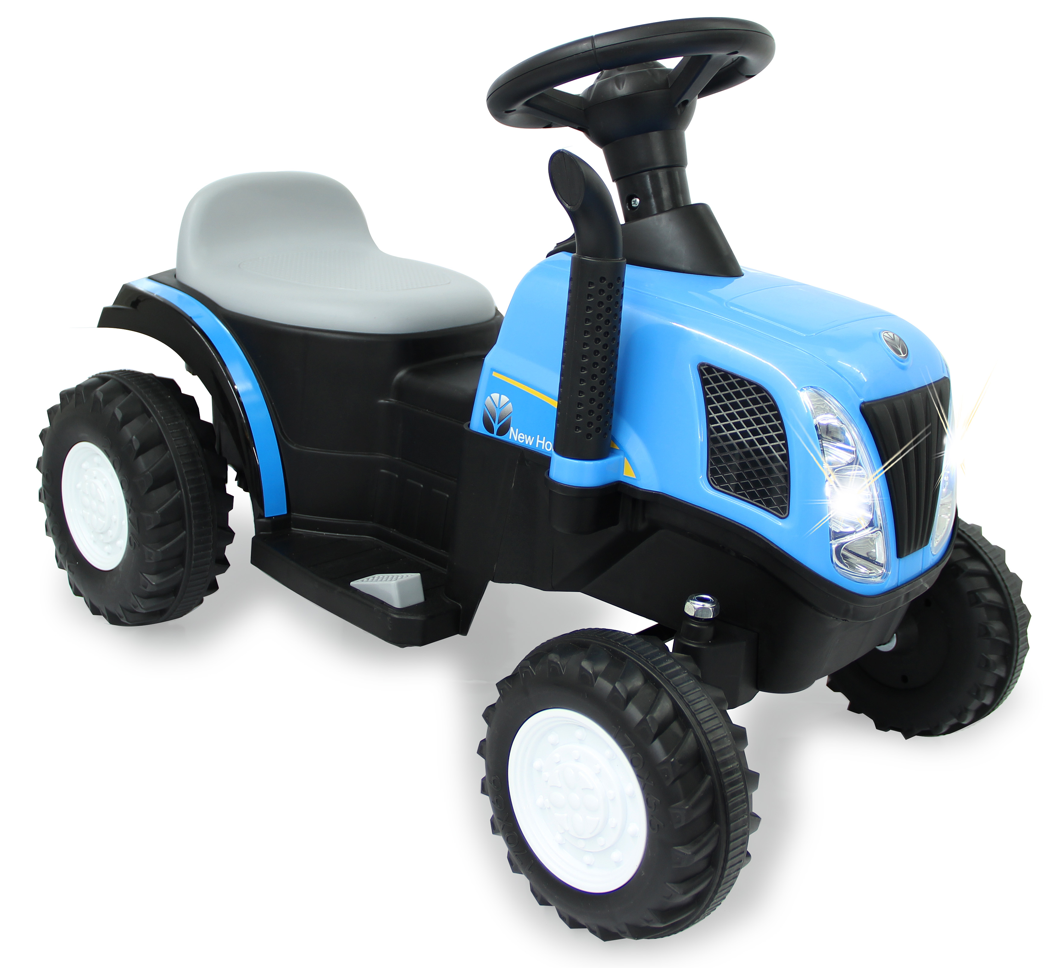 Tractor de juguete New Holland azul con luces y detalles negros. Fondo blanco.