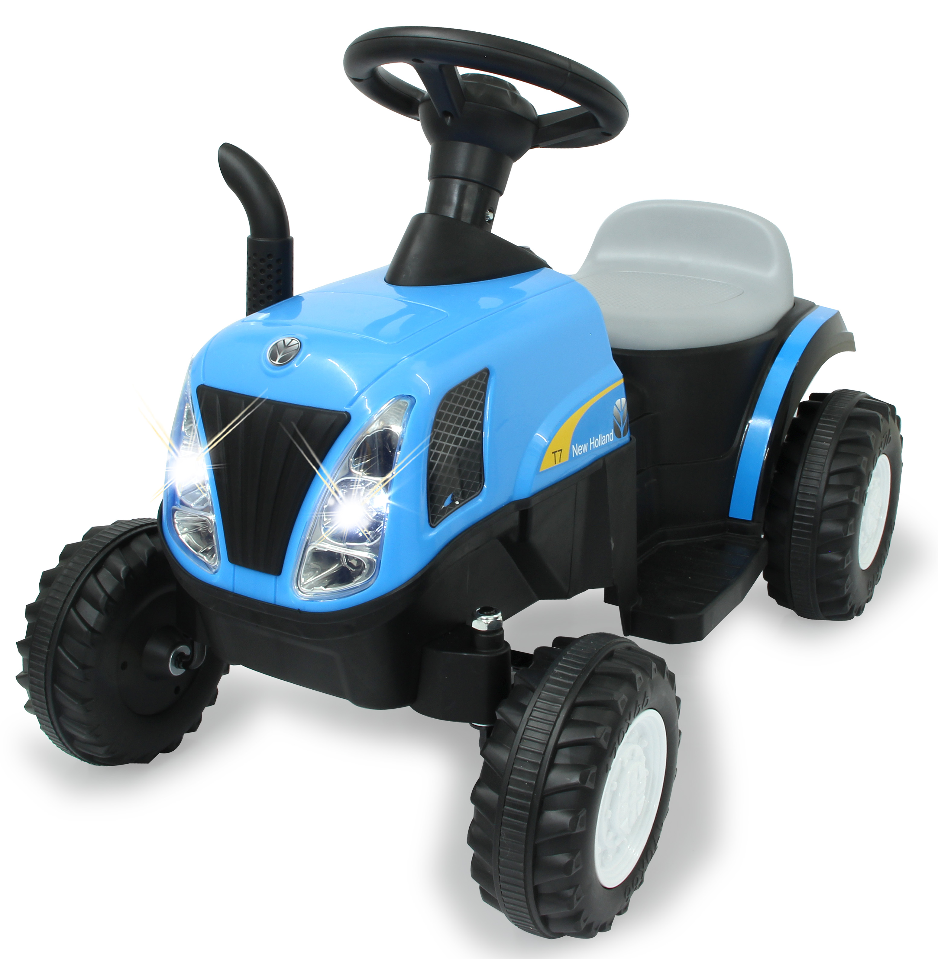 Tractor de juguete New Holland azul con luces y detalles negros. Fondo blanco.