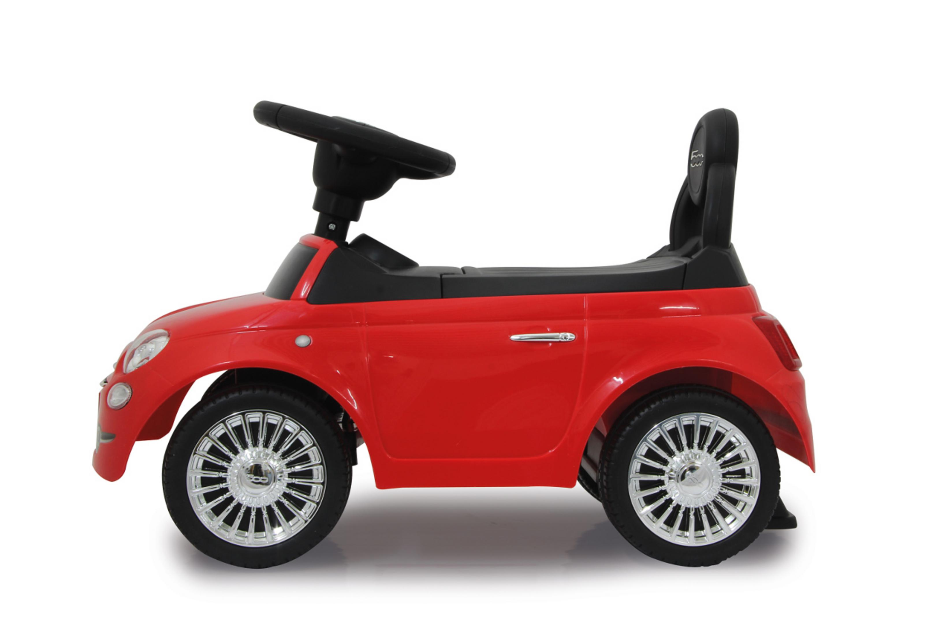 Czerwony samochodzik z czarnymi detalami i chromowanymi kołami. Widok z boku. Białe tło.