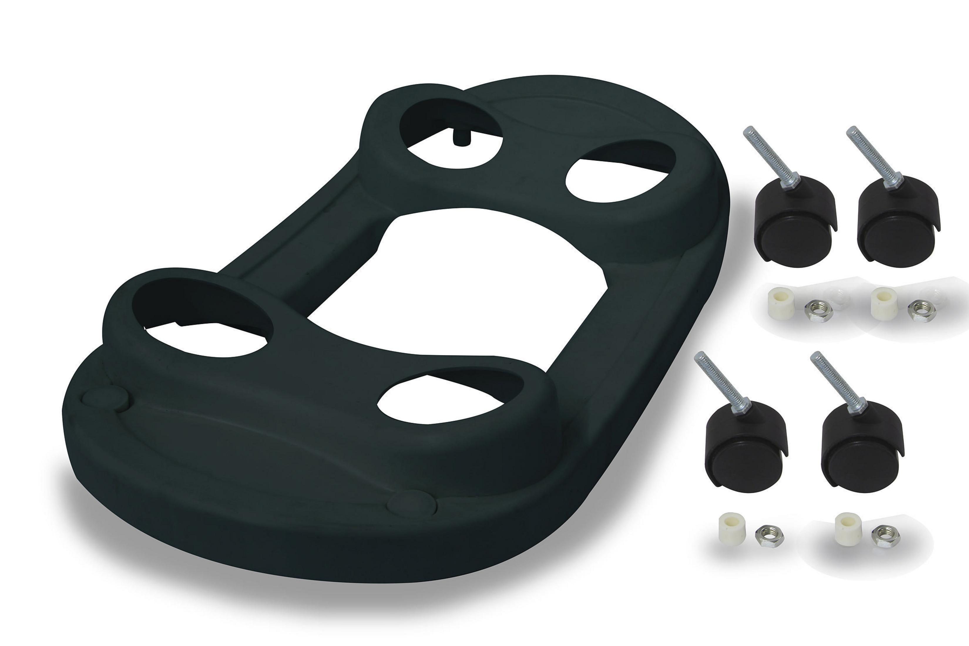 Czarna podstawa z kołami i mocowaniami. Białe tło.