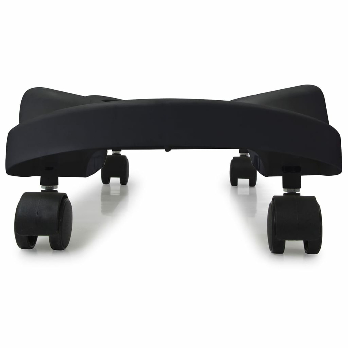 Czarna plastikowa podstawa z kółkami. Cztery koła. Białe tło.