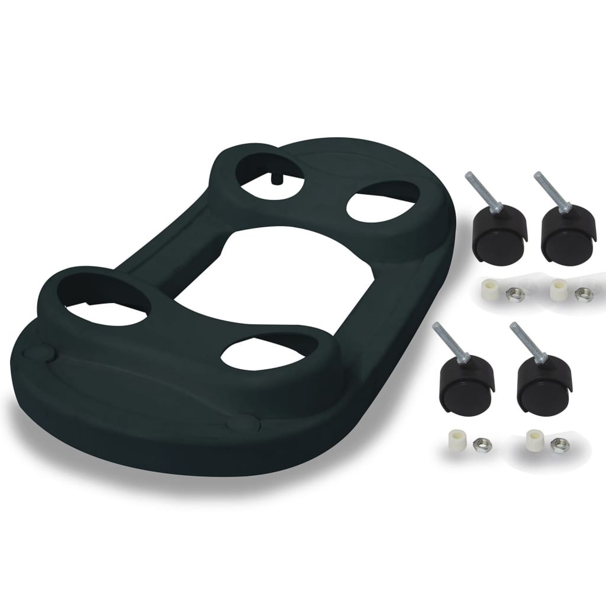 Czarna plastikowa podstawa z kółkami i osprzętem. Dwa zagłębienia. Białe tło.