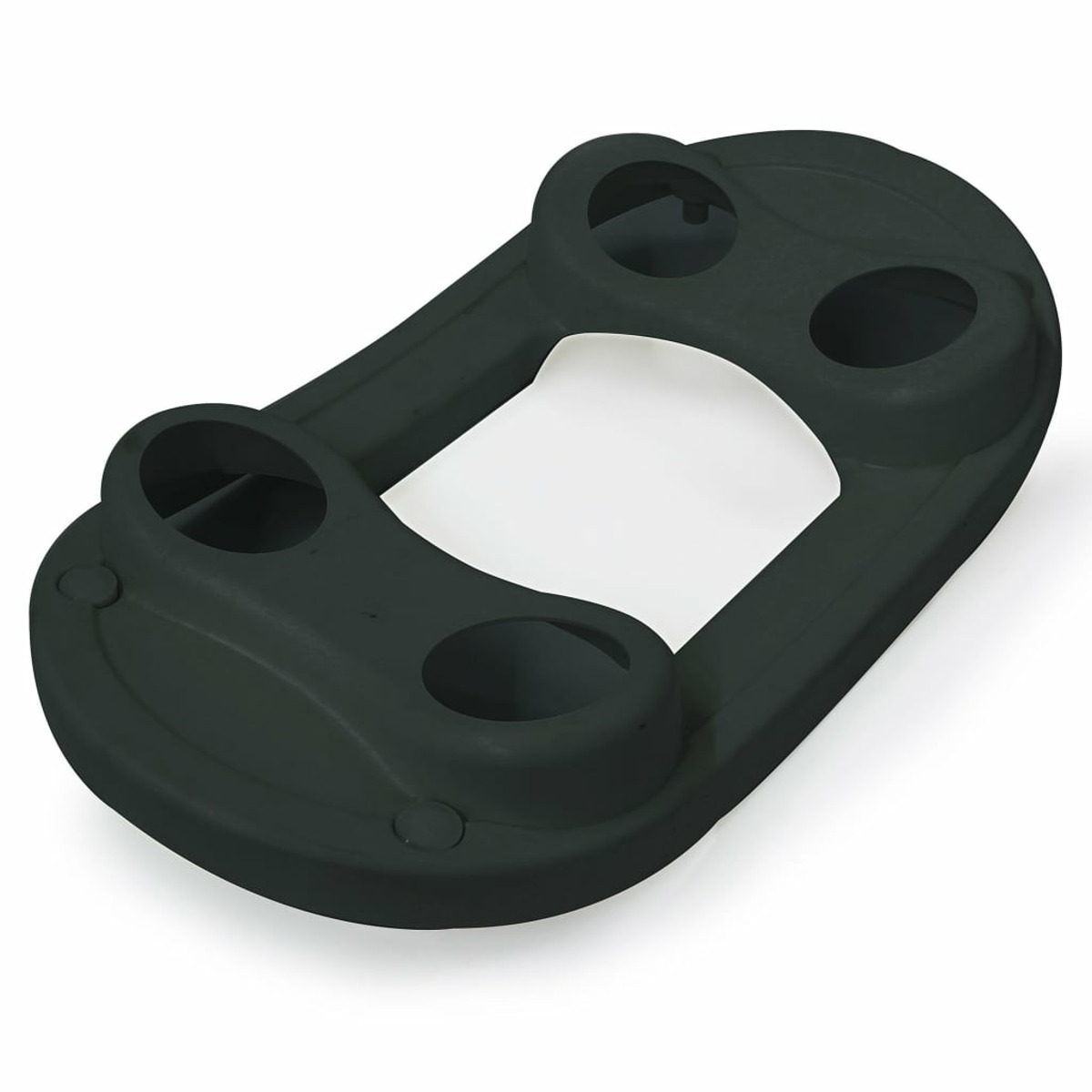 Czarna plastikowa podstawa z trzema zagłębieniami. Białe tło.