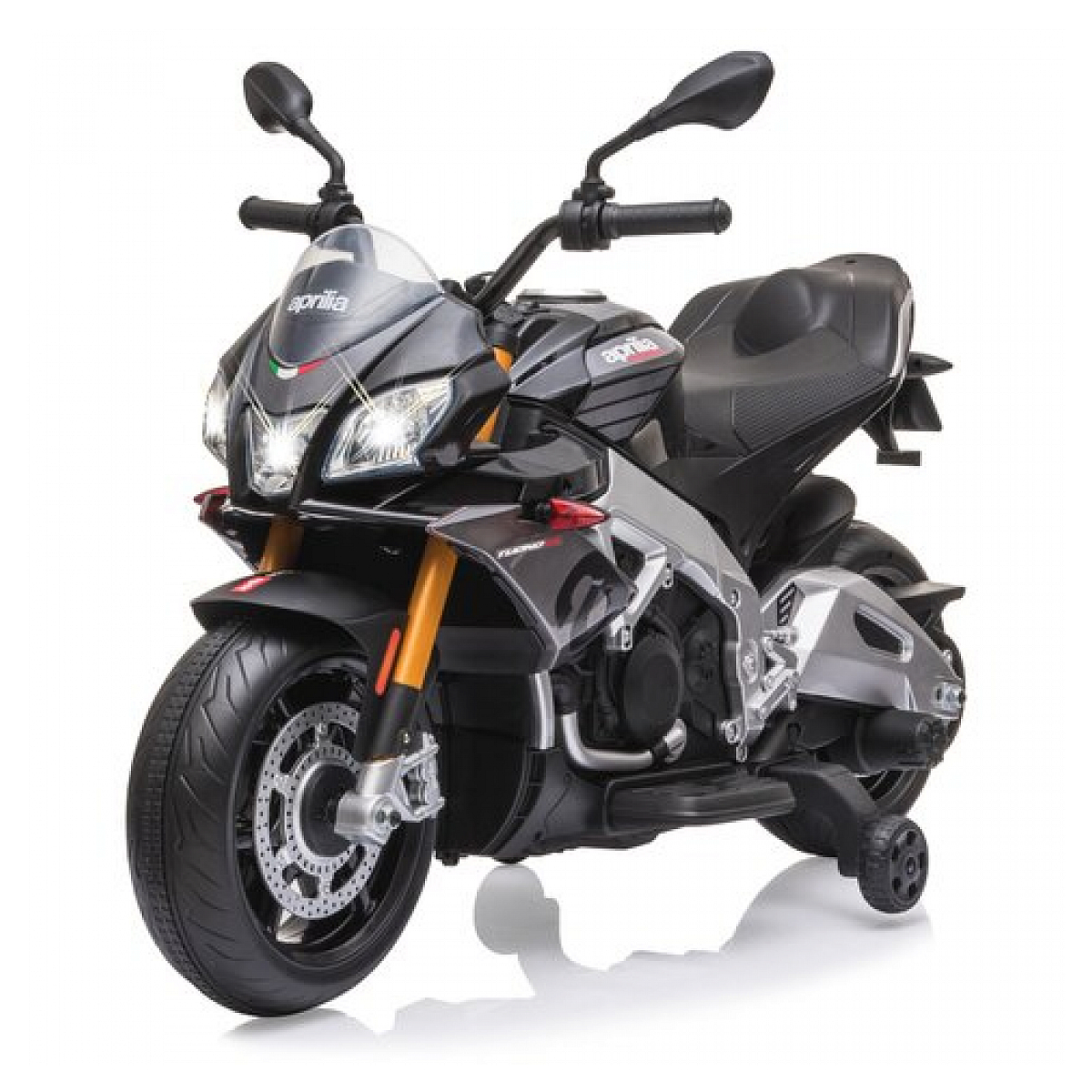 Motocicletta giocattolo nera e grigia su superficie bianca. Dettagli: fari, ruote e specchietti.