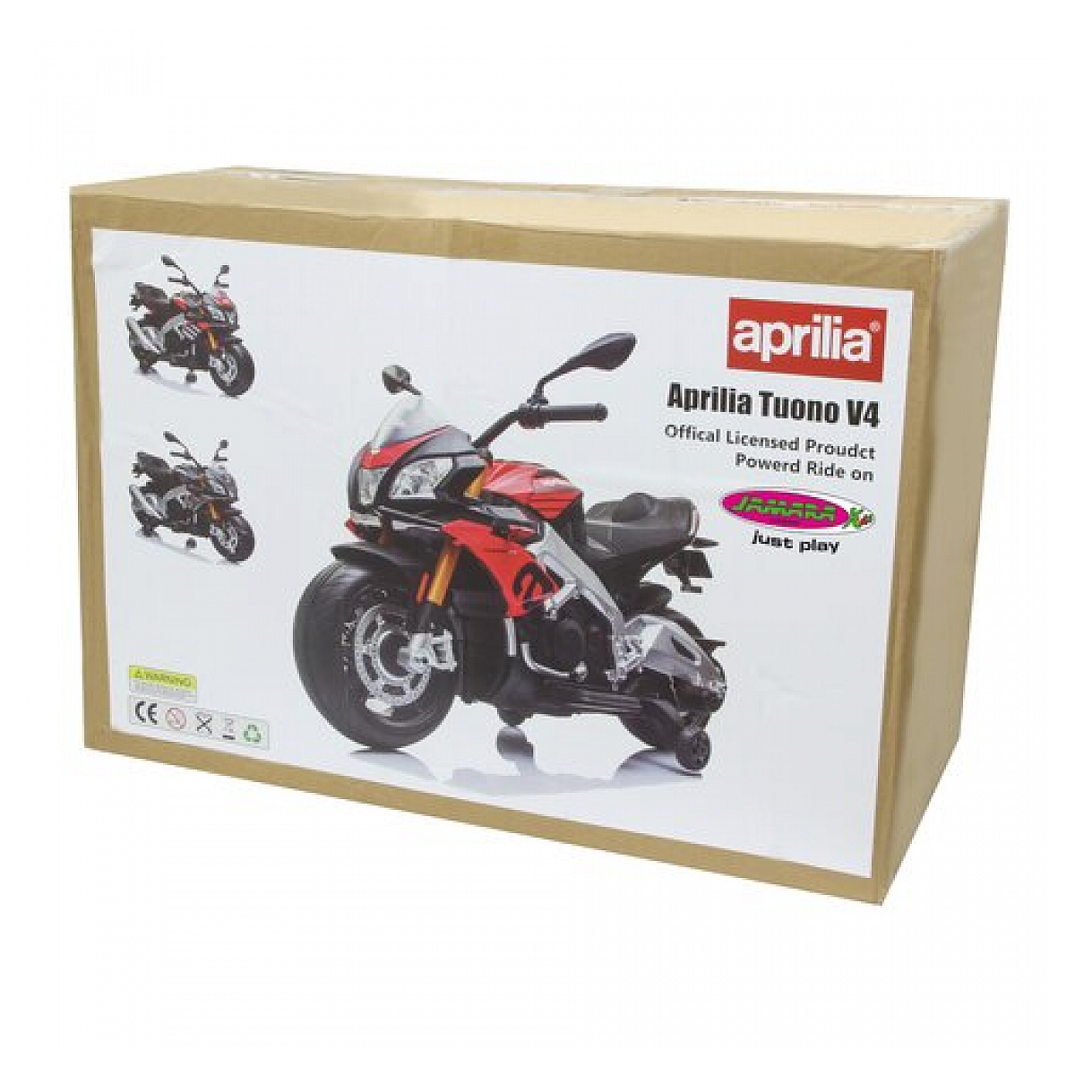Scatola di cartone con immagine di moto. Sfondo bianco.