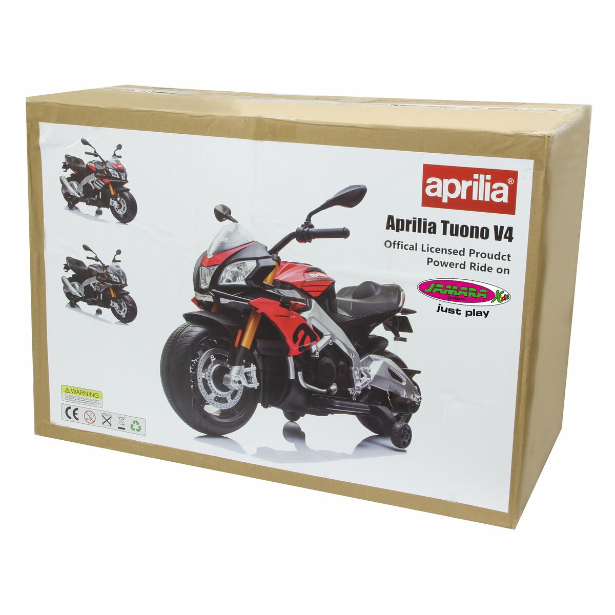 Scatola di cartone con immagine di moto. Sfondo bianco.