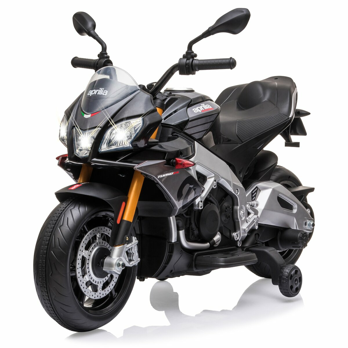 Motocicletta giocattolo nera e grigia su superficie bianca. Dettagli: fari, ruote e specchietti.