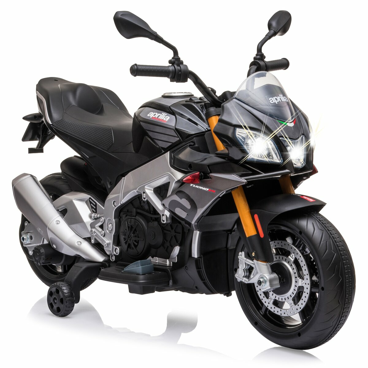 Moto giocattolo nera con luci, ruote nere. Sfondo bianco.