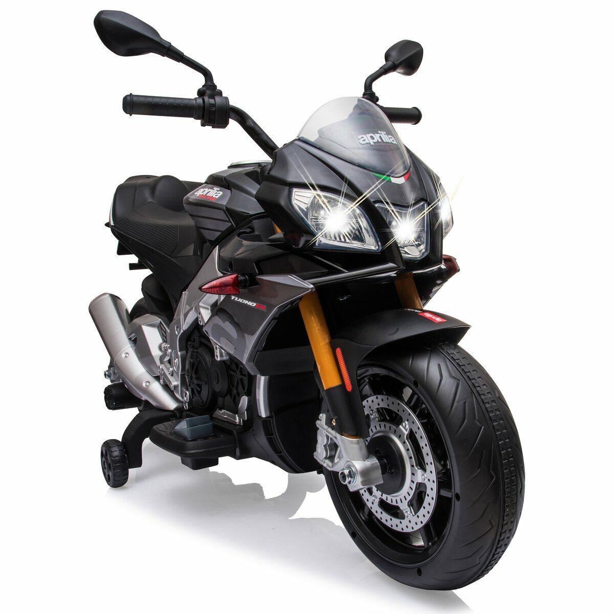 Moto giocattolo nera con luci, ruote nere. Sfondo bianco.