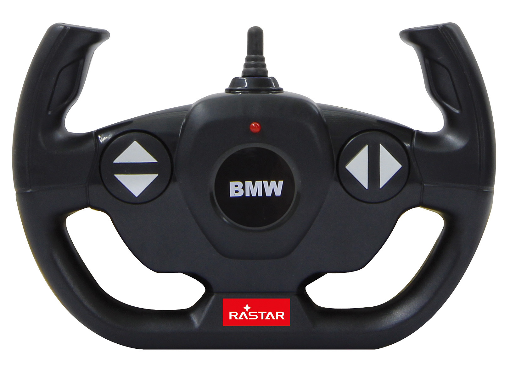 Czarna zabawka kierownica BMW. Strzałki i tekst na kierownicy oraz czerwone światło.