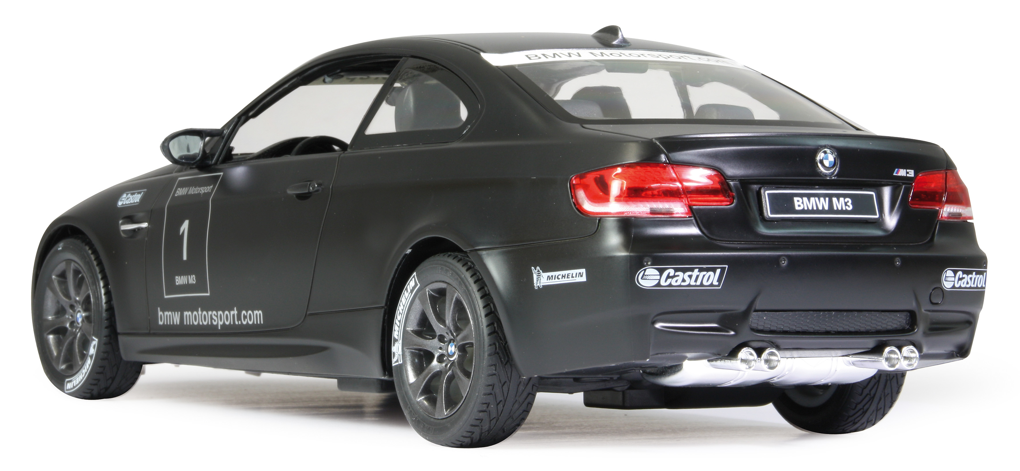 Czarny samochód BMW M3 zabawka, widok z tyłu, z marką BMW M3, światłami i rurami wydechowymi.