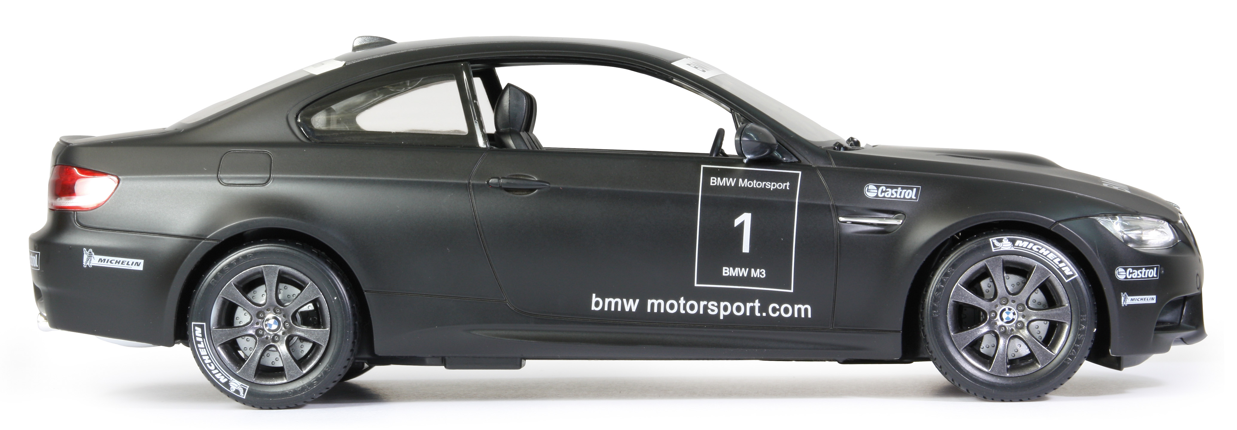 Czarny samochodzik BMW M3 zabawka, widok z boku, z marką BMW Motorsport i numerem 1.