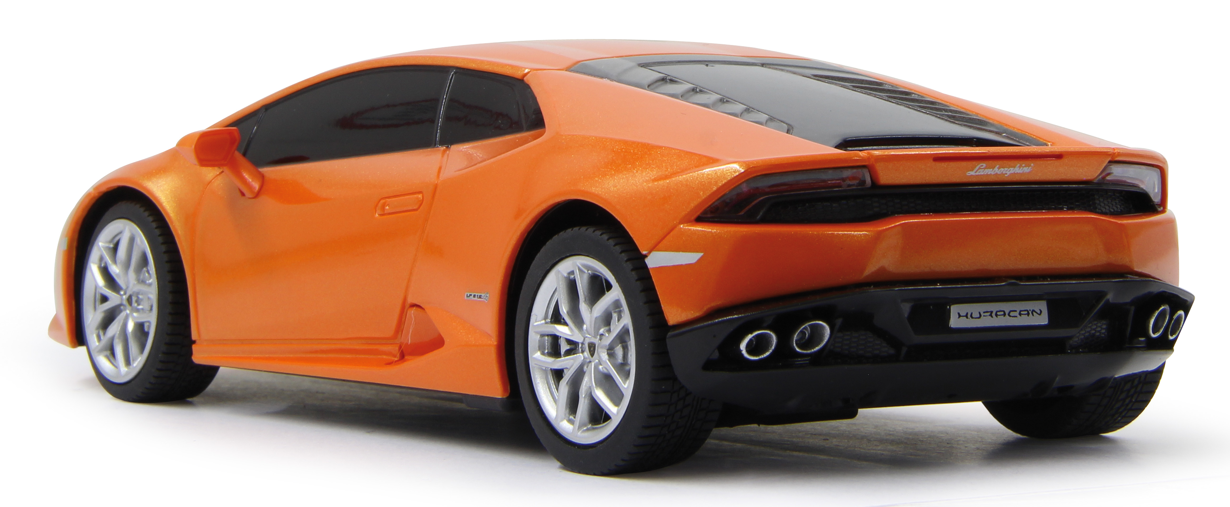 Pomarańczowy Lamborghini Huracan z tyłu. Czarne detale, srebrne koła. Przezroczyste okna. Logo z tyłu.