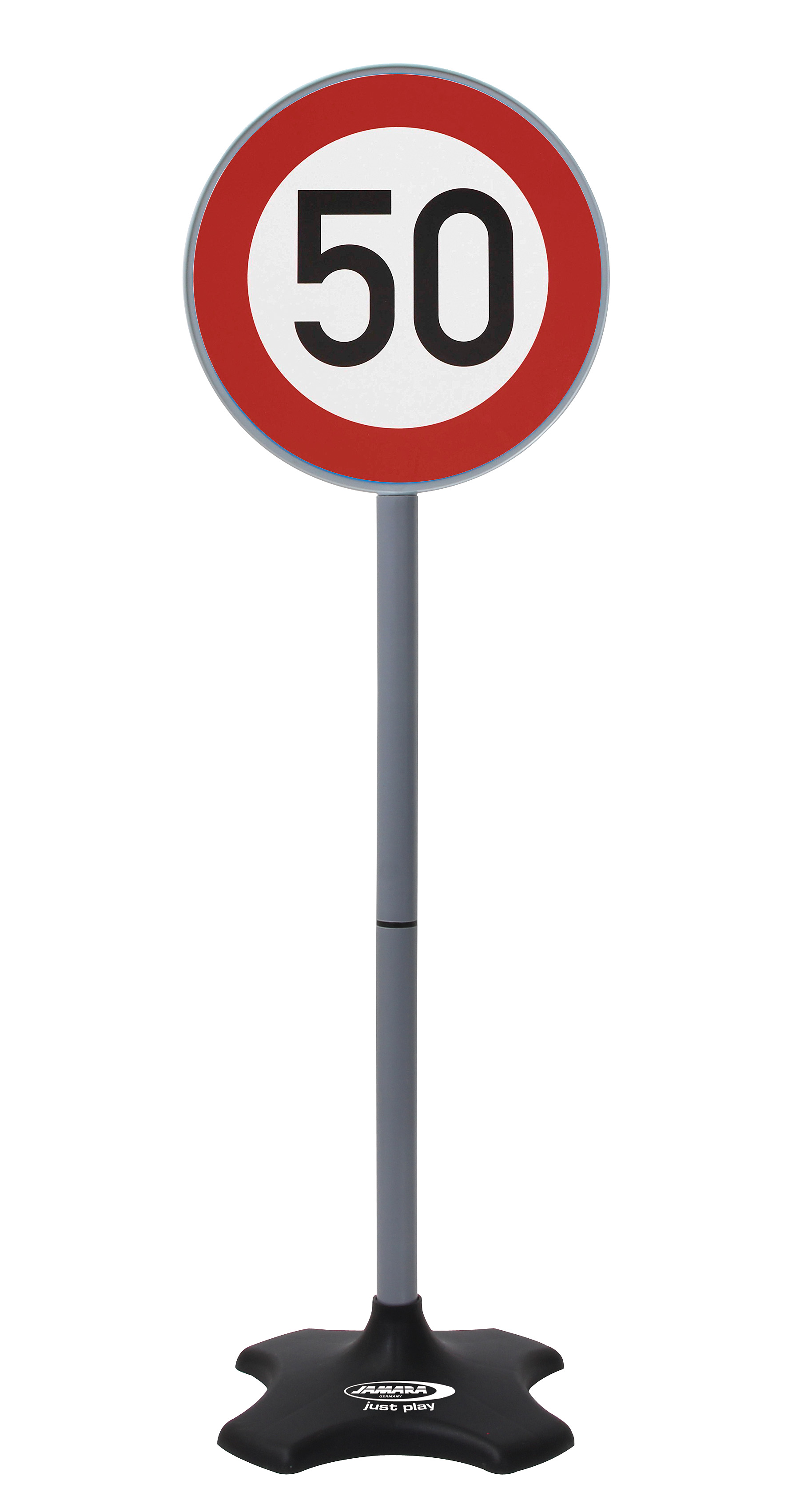 Zabawkowy znak ograniczenia prędkości do 50 mil na godzinę, czerwono-biały.