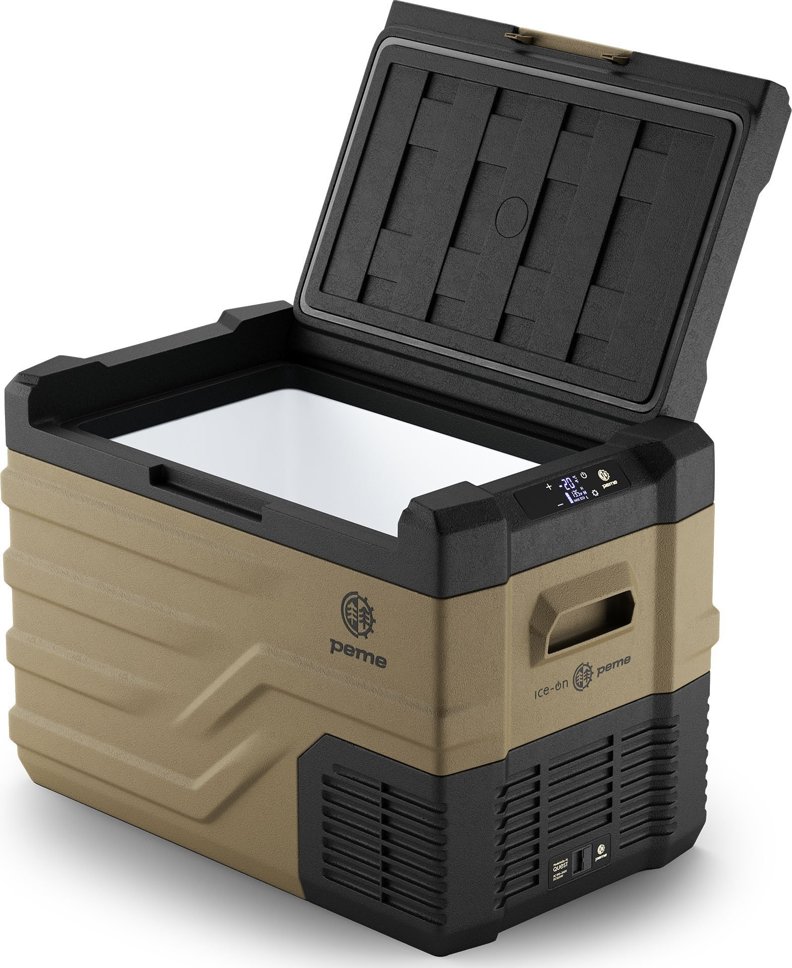 Beige-schwarze Kühlbox mit offenem Deckel, Digitalanzeige oben.