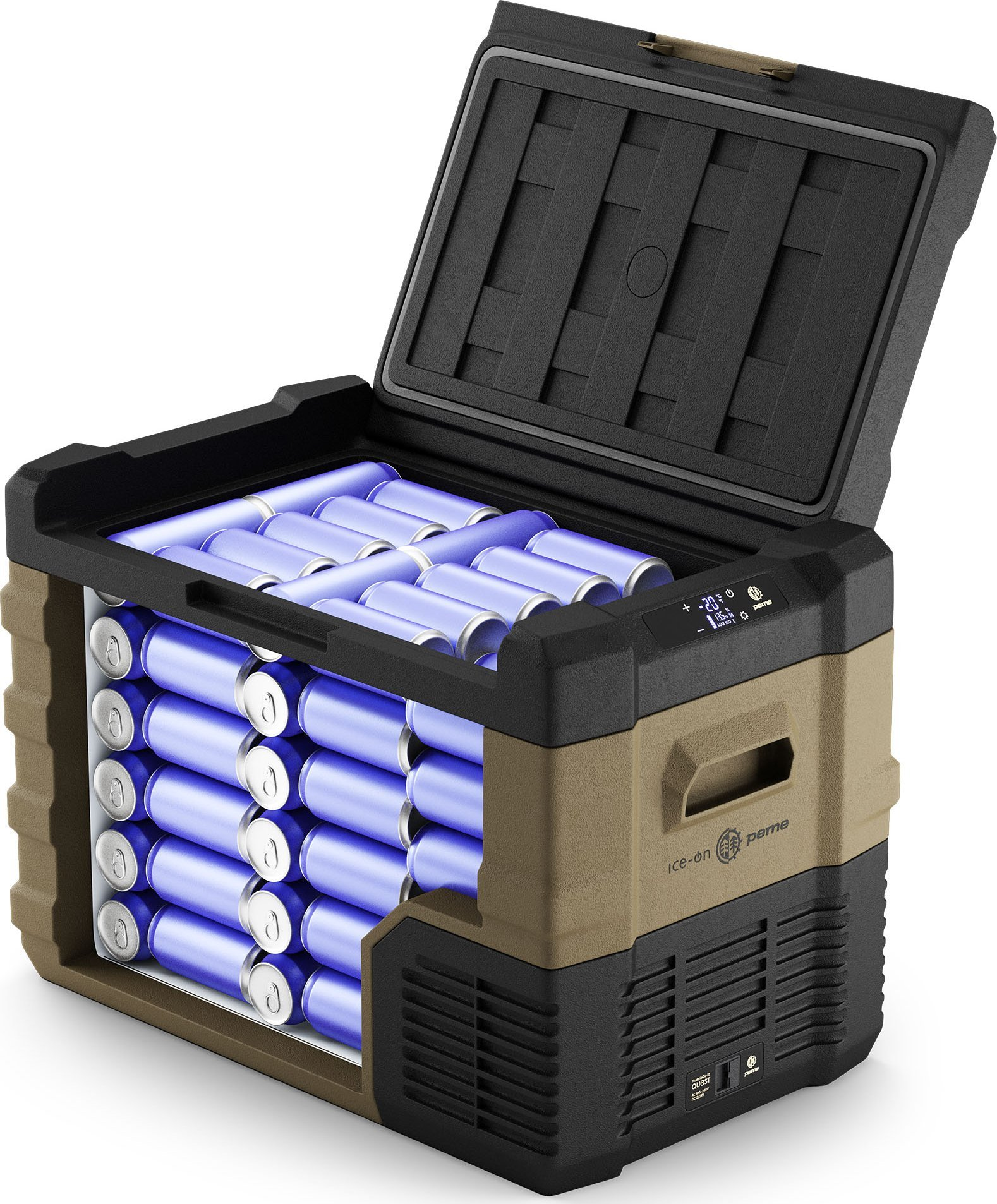 Geöffnete Kühlbox voller Dosen. Die Kühlbox ist braun und schwarz.