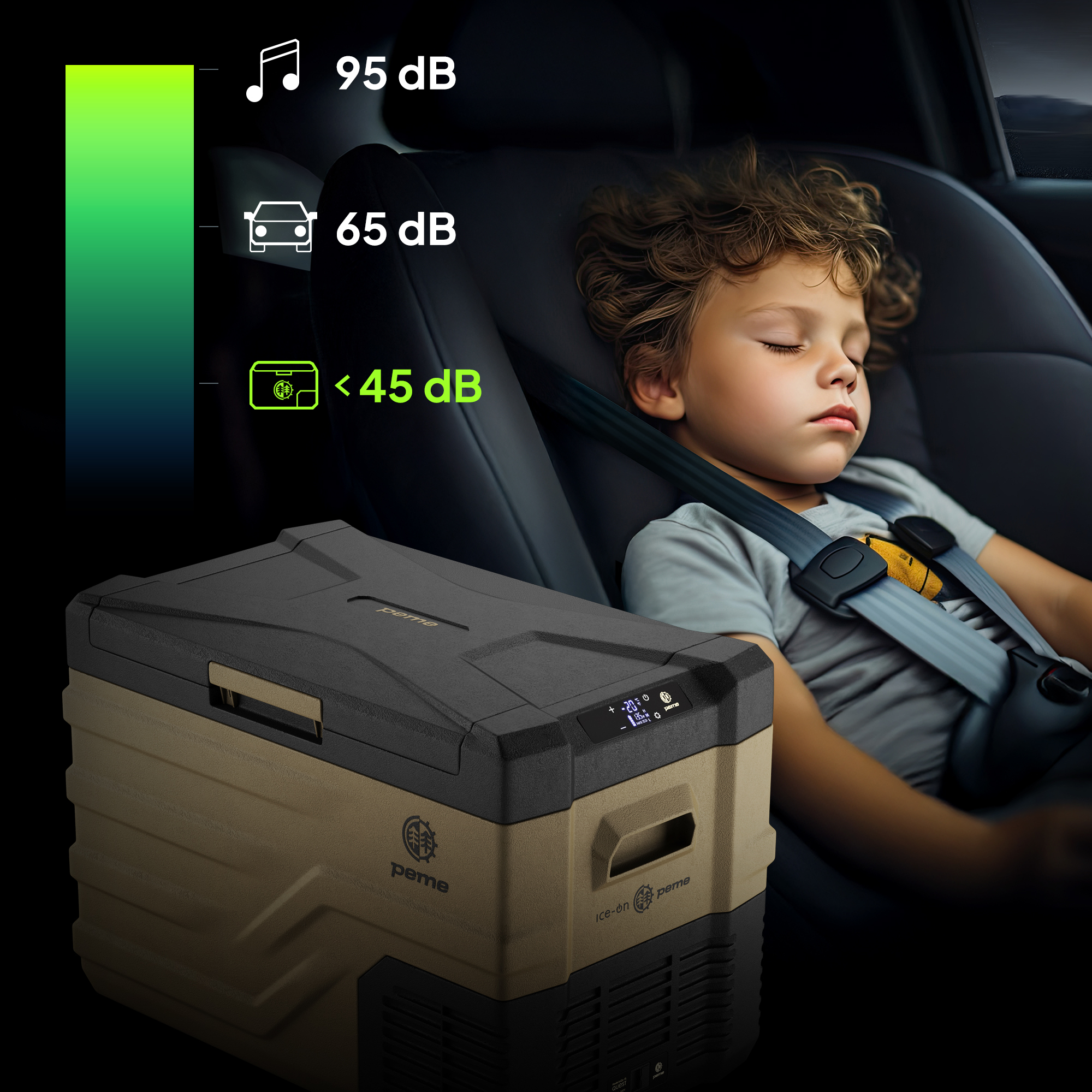 Ein Kind schläft im Auto mit Kühler und Schallpegelanzeigen, vor schwarzem Hintergrund.