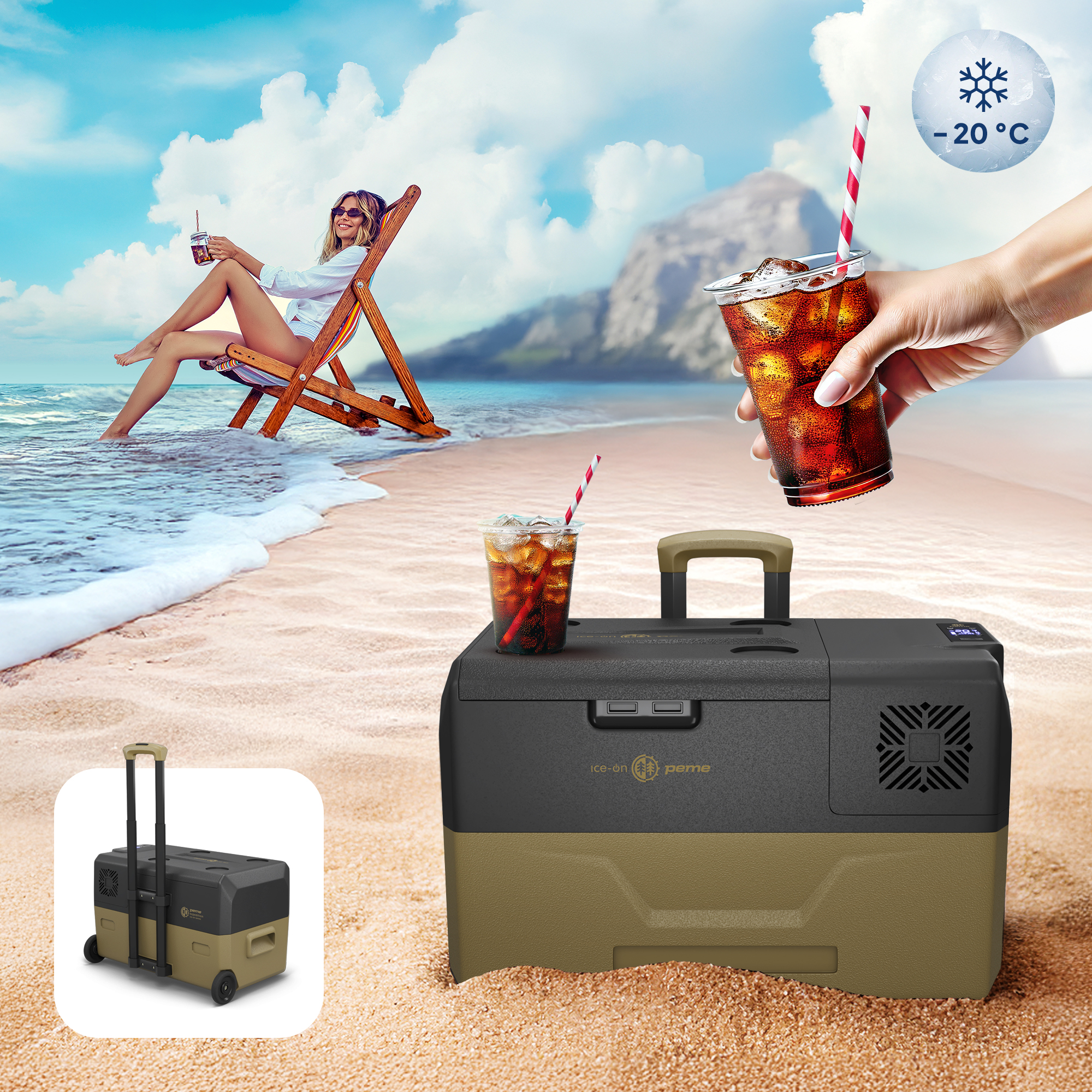 Person am Strand mit Kühler und Getränk, Strand mit Meer, kaltes Getränk und Kühler.