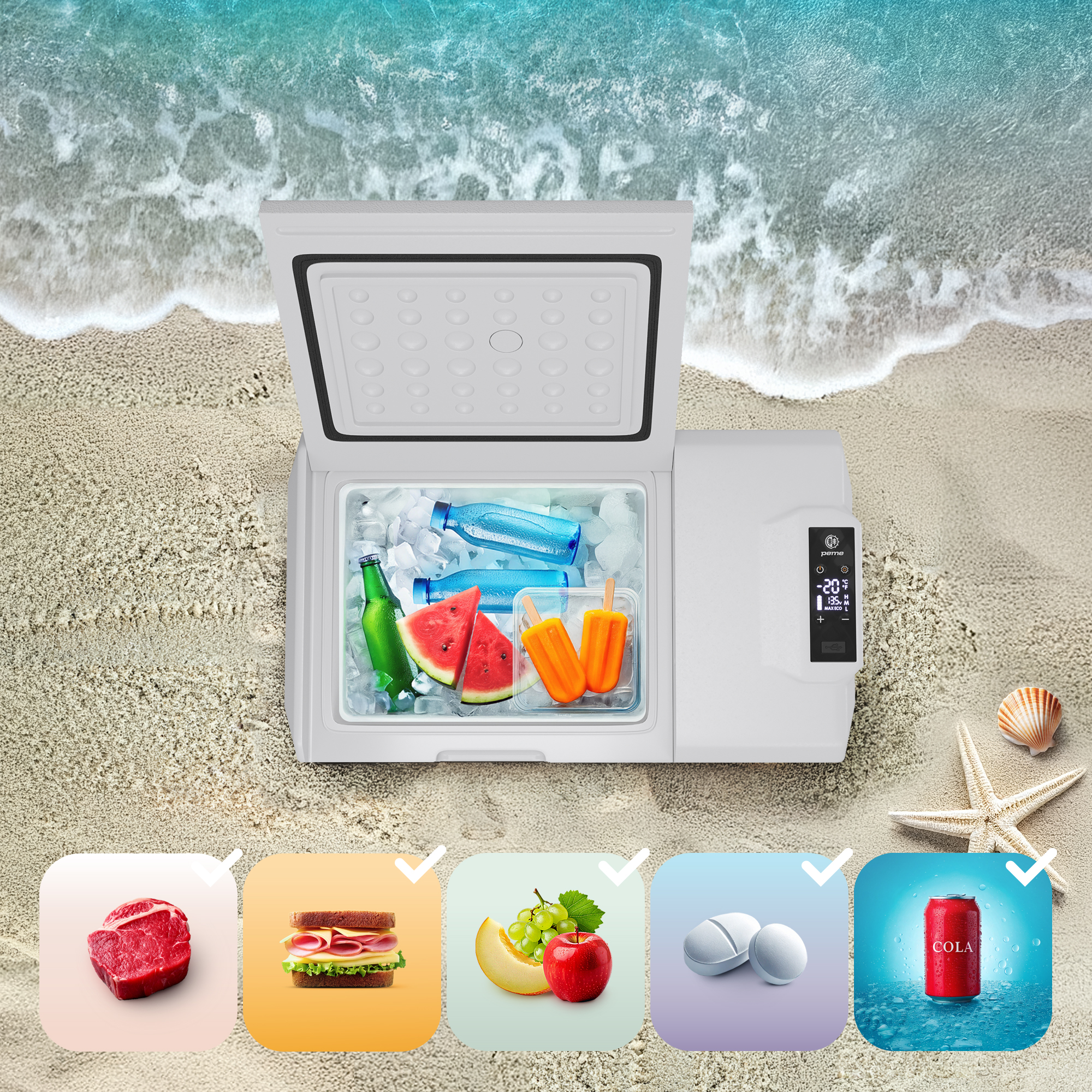 Kühler am Strand geöffnet, gefüllt mit Eis, Wassermelone und Getränken. Essenssymbole darunter.