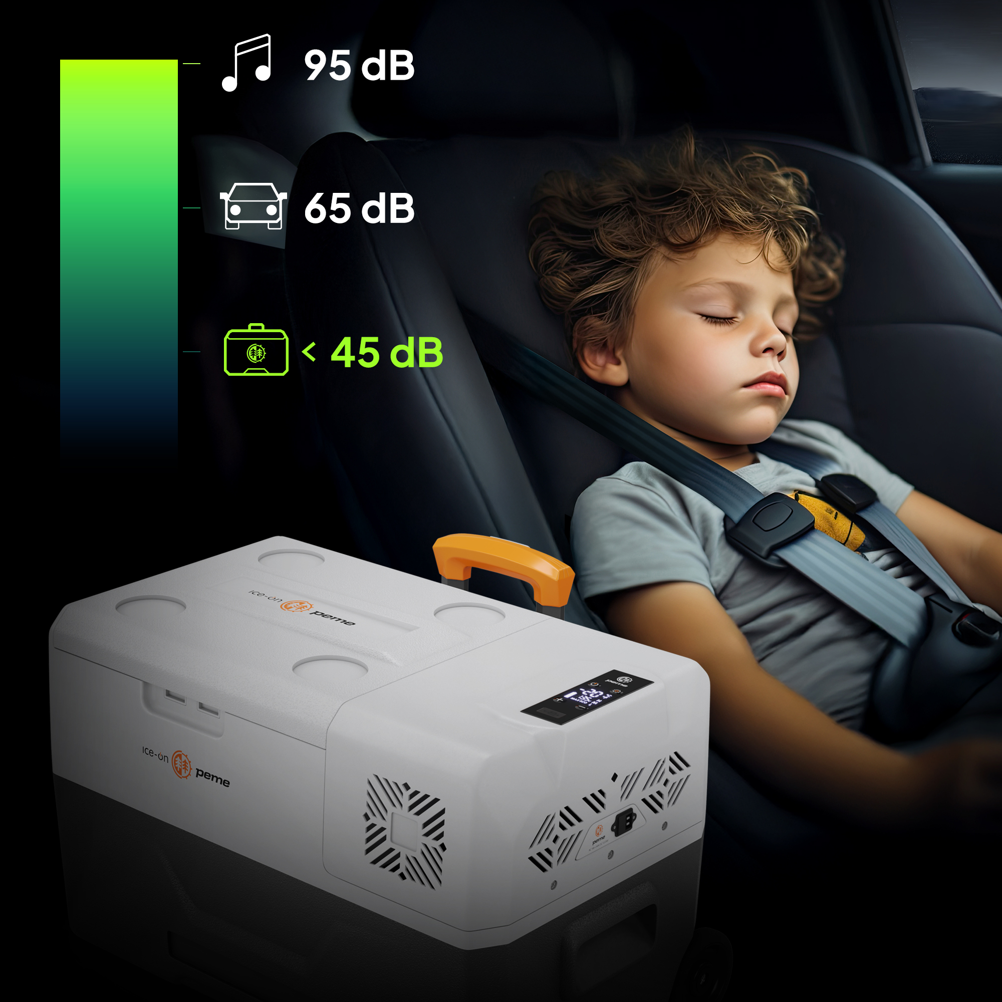 Ein schlafendes Kind in einem Autositz in der Nähe einer Kühlbox mit Geräuschpegelanzeigen.