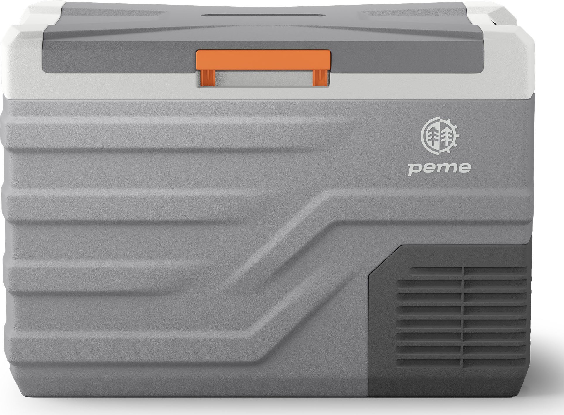 Grau-weißer Kühler mit orangefarbenem Griff, Logo und grauem Gehäuse auf weißem Grund.
