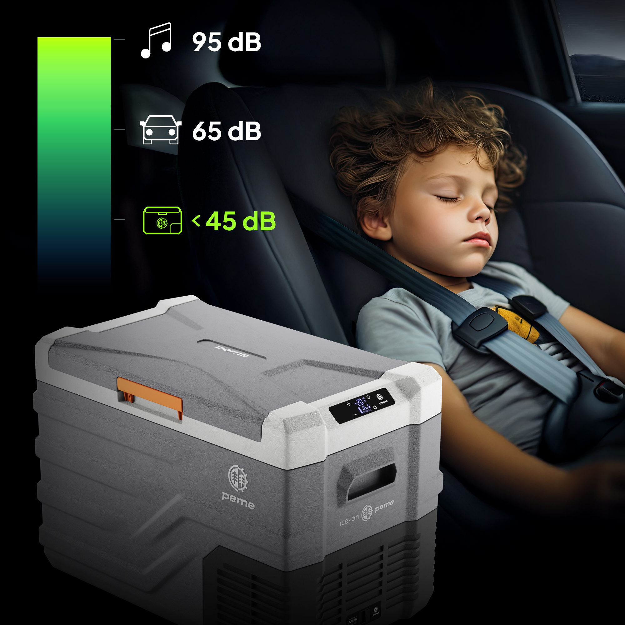 Kühler neben einem schlafenden Kind im Auto. Schallpegelanzeigen zeigen Geräuschpegel.