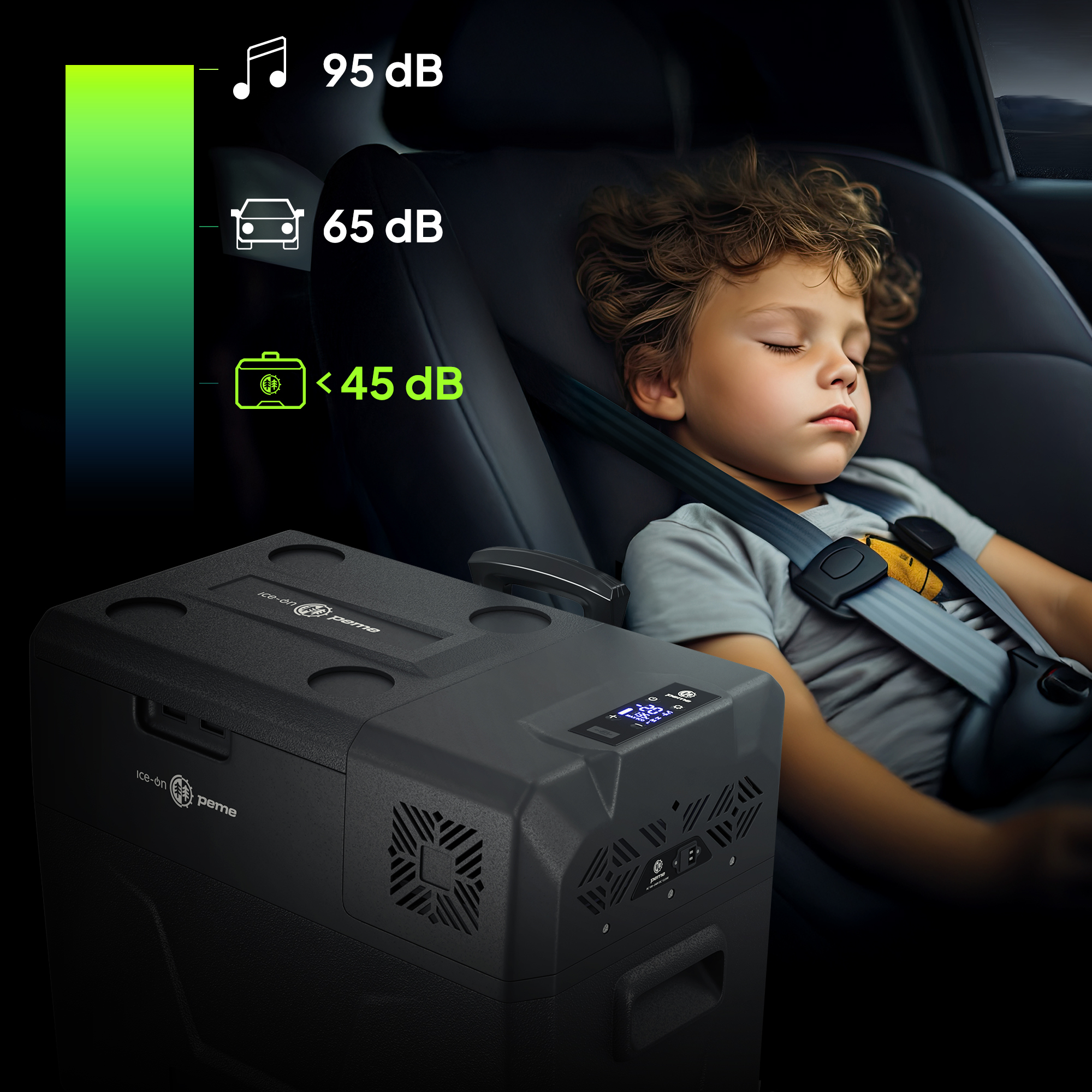 Un niño durmiendo en un coche con una nevera. La nevera muestra un nivel de ruido bajo.