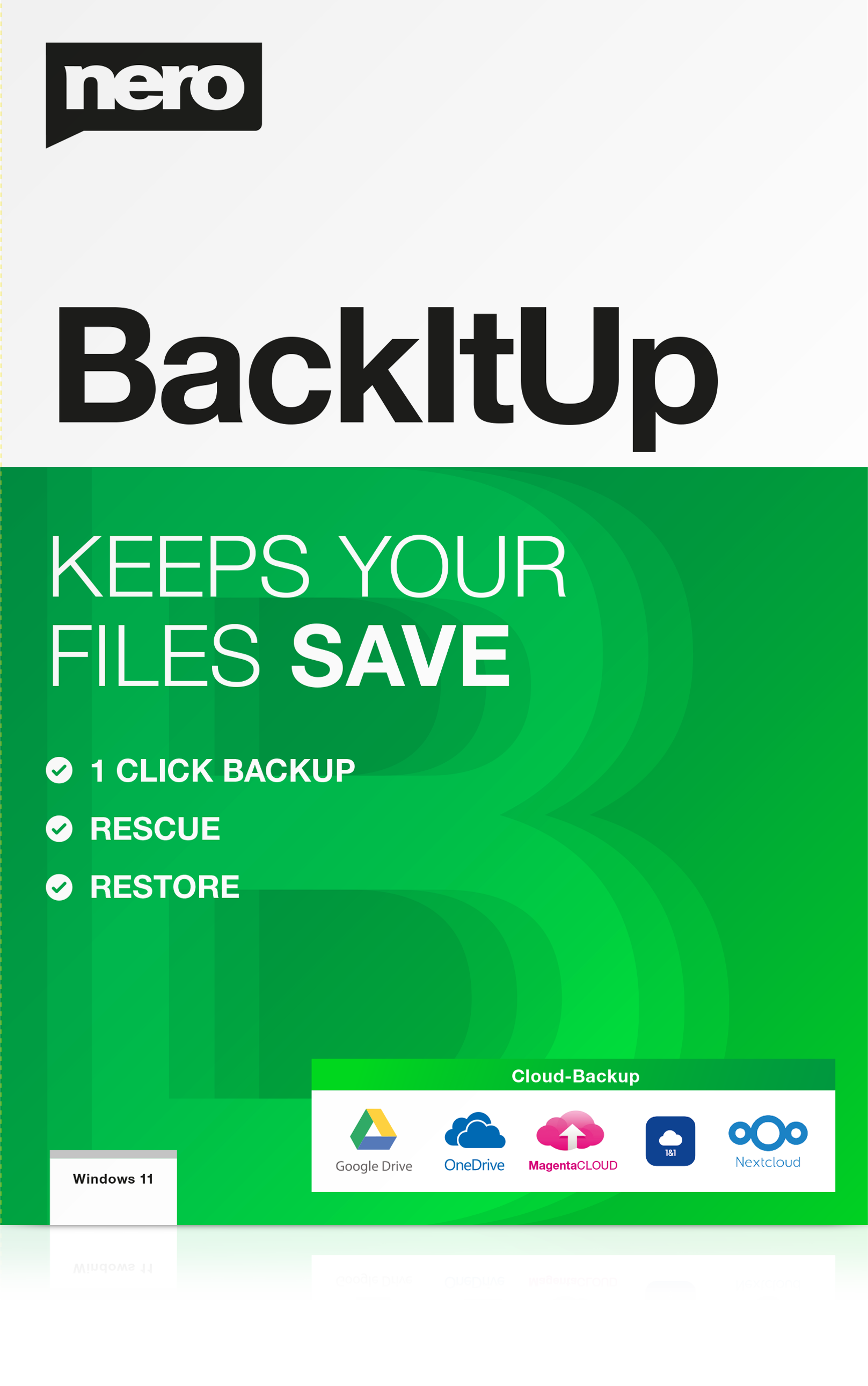 Reklama Nero BackItUp. Zapewnia bezpieczeństwo plików. Pokazuje opcje takie jak kopia zapasowa jednym kliknięciem.