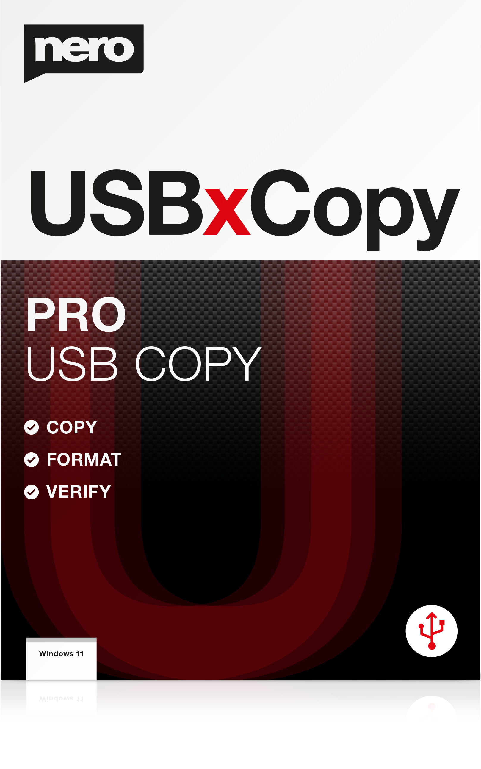 Annuncio Nero USBxCopy. Opzioni Copia, Formatta, Verifica. Logo Windows 11.