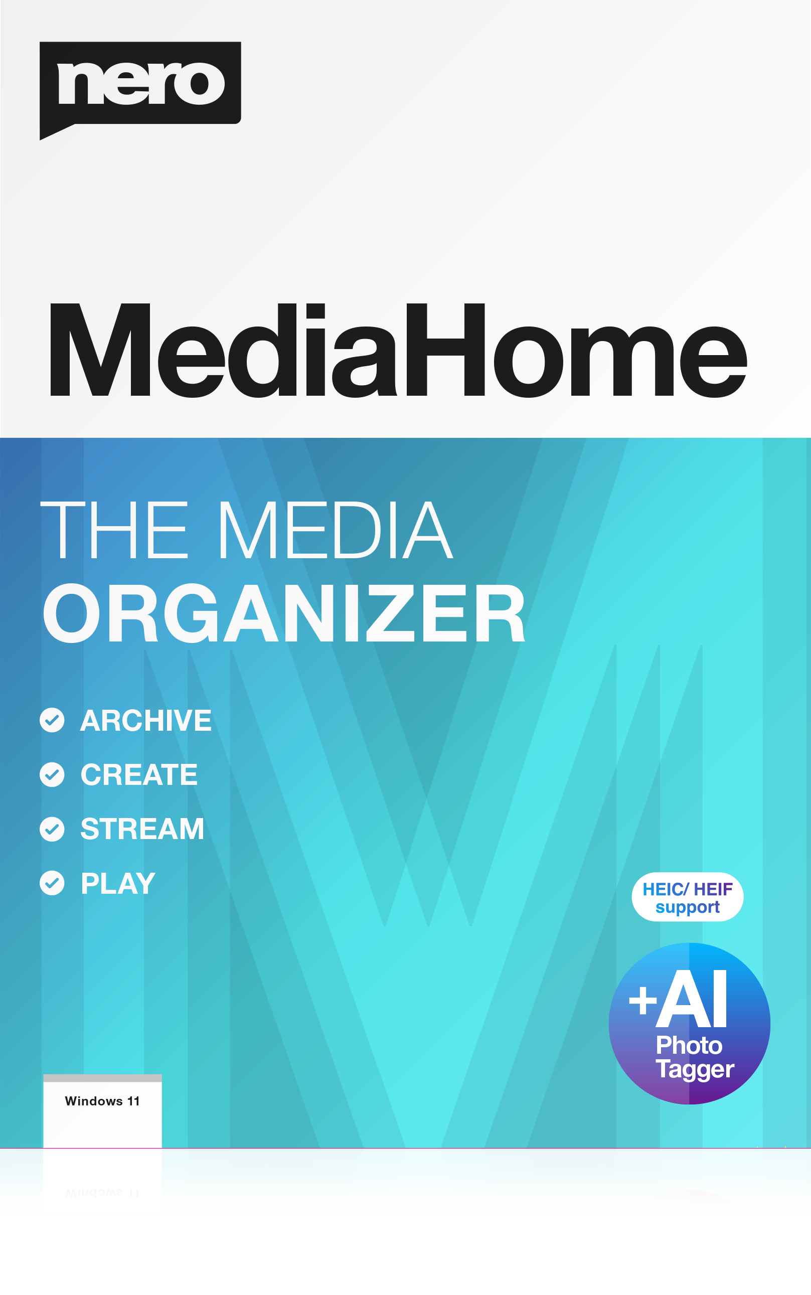 Reklama Nero MediaHome. Zawiera logo Nero, nazwę produktu oraz funkcje, takie jak archiwizacja, tworzenie, strumieniowanie i odtwarzanie.