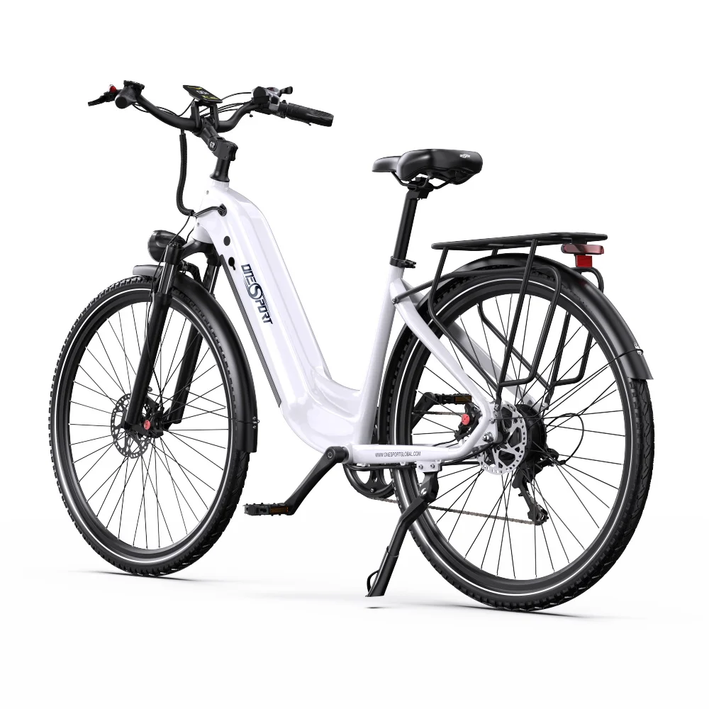 E-bike bianca di lato. Pneumatici neri, portapacchi e cavalletto. Il marchio è visibile sul telaio.