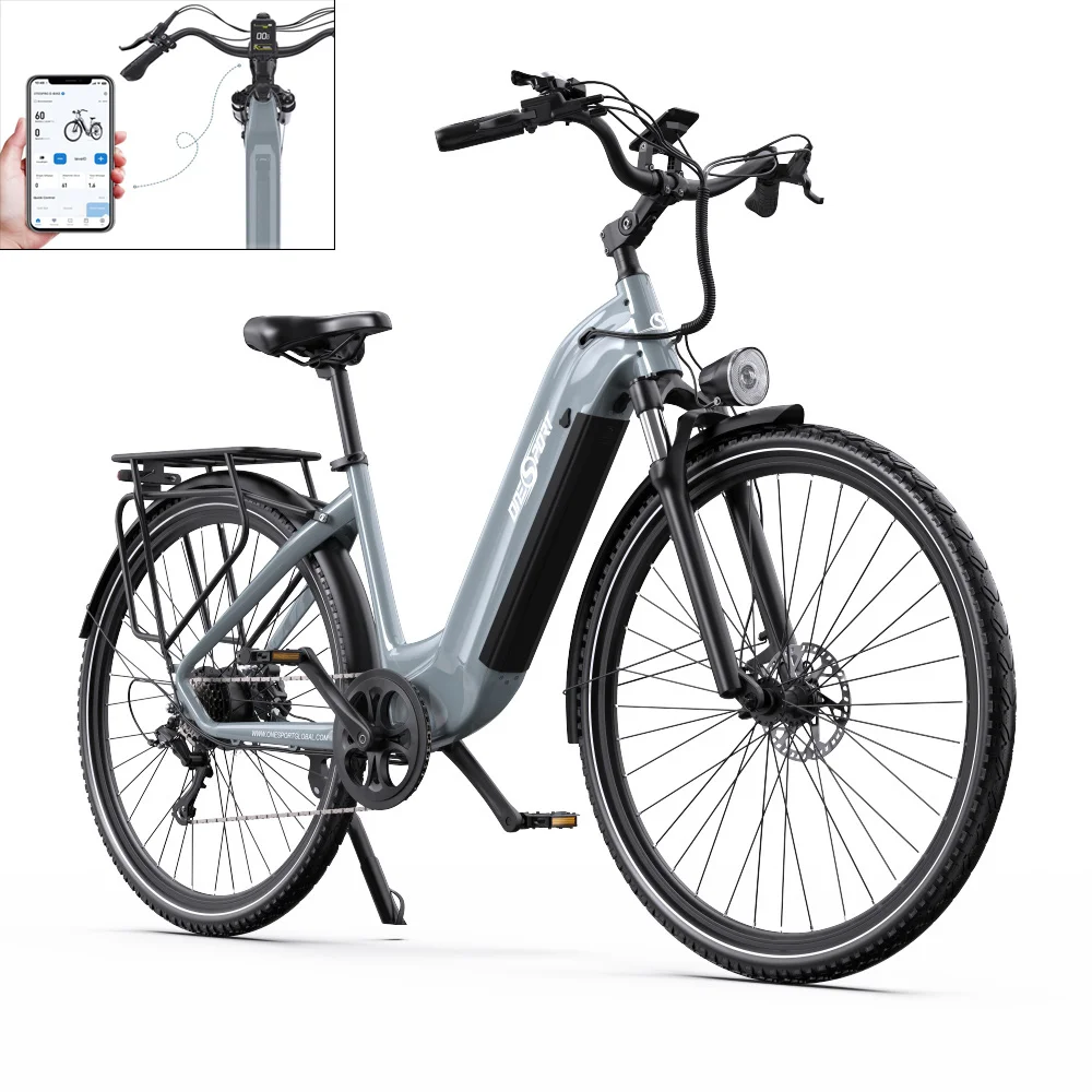E-bike gris con un teléfono que muestra las estadísticas de la bici. El teléfono está montado en el manillar.