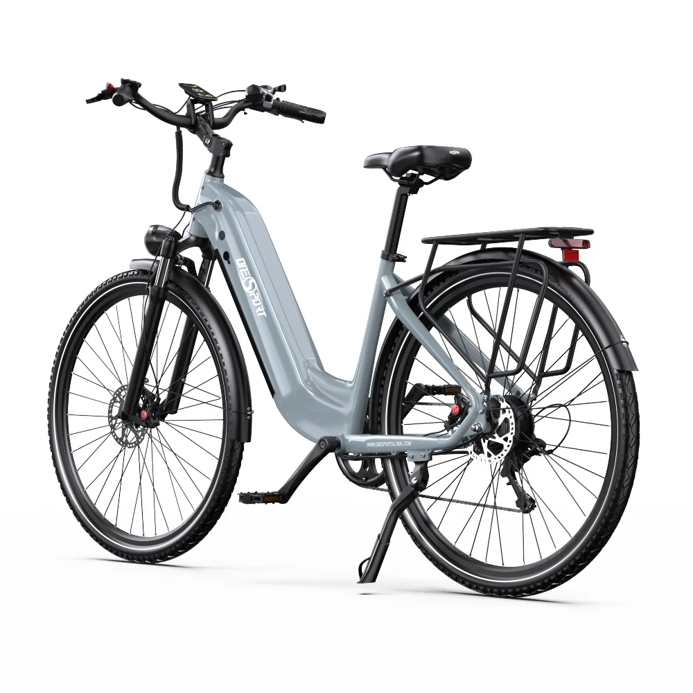 E-bike grigia di lato. Pneumatici neri, portapacchi e cavalletto. Il marchio è visibile sul telaio.