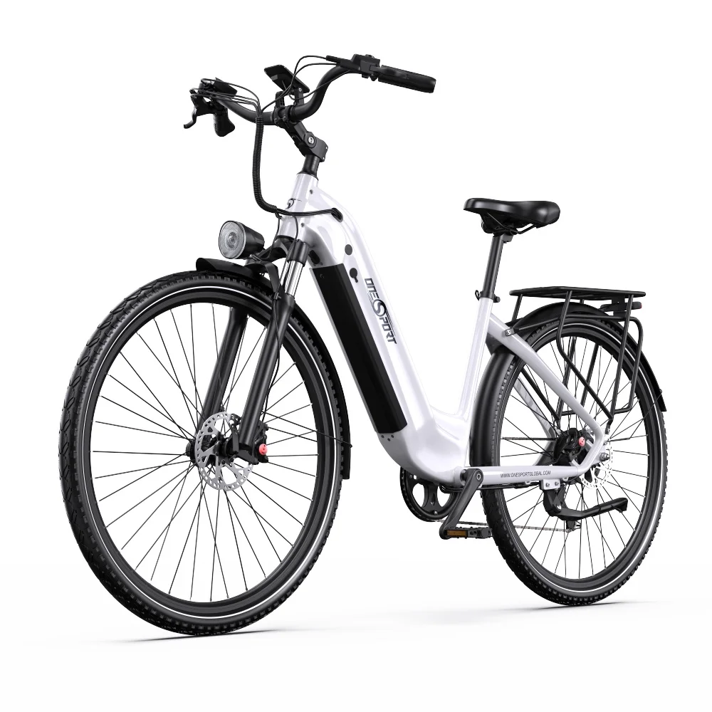 E-bike bianca frontalmente. Faro, pneumatici neri e freni a disco. Il marchio è visibile sul telaio.