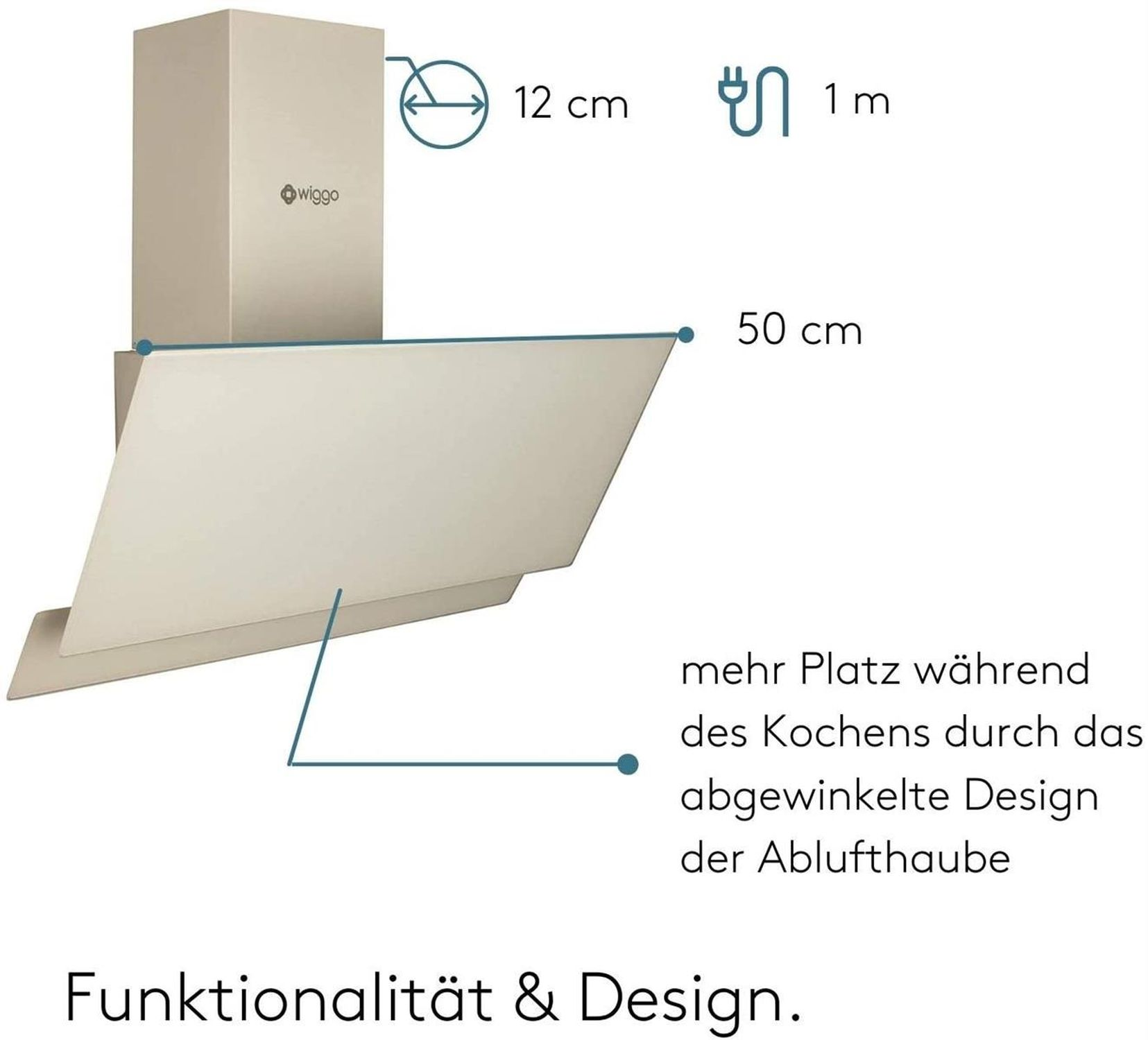 Beige Dunstabzugshaube mit Maßen. Sie hat ein abgewinkeltes Design und Text auf Deutsch.