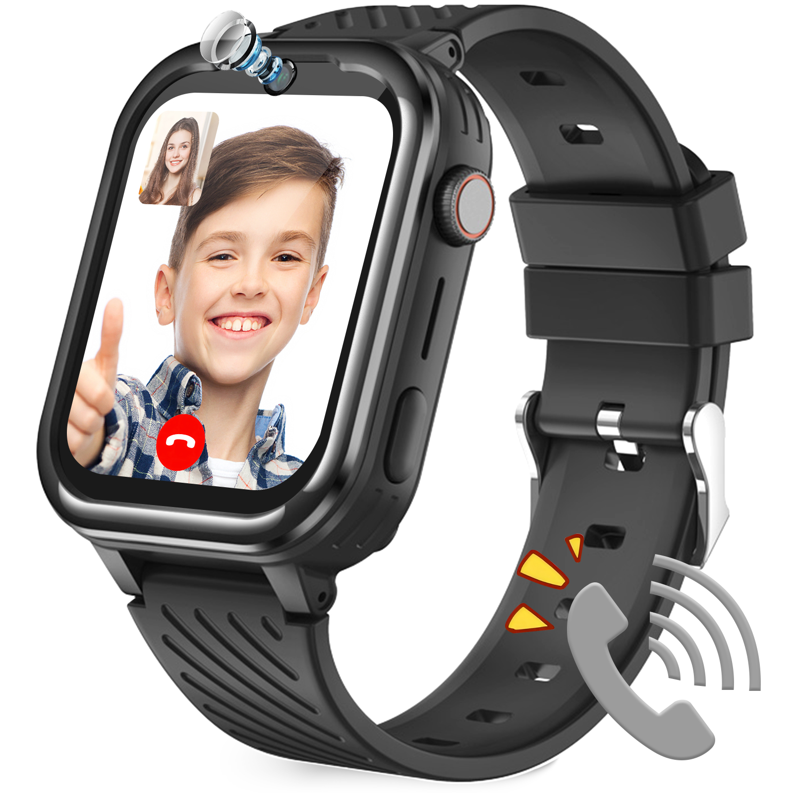 Smartwatch mit Videoanruf mit einem Jungen. Die Uhr ist schwarz mit schwarzem Armband.