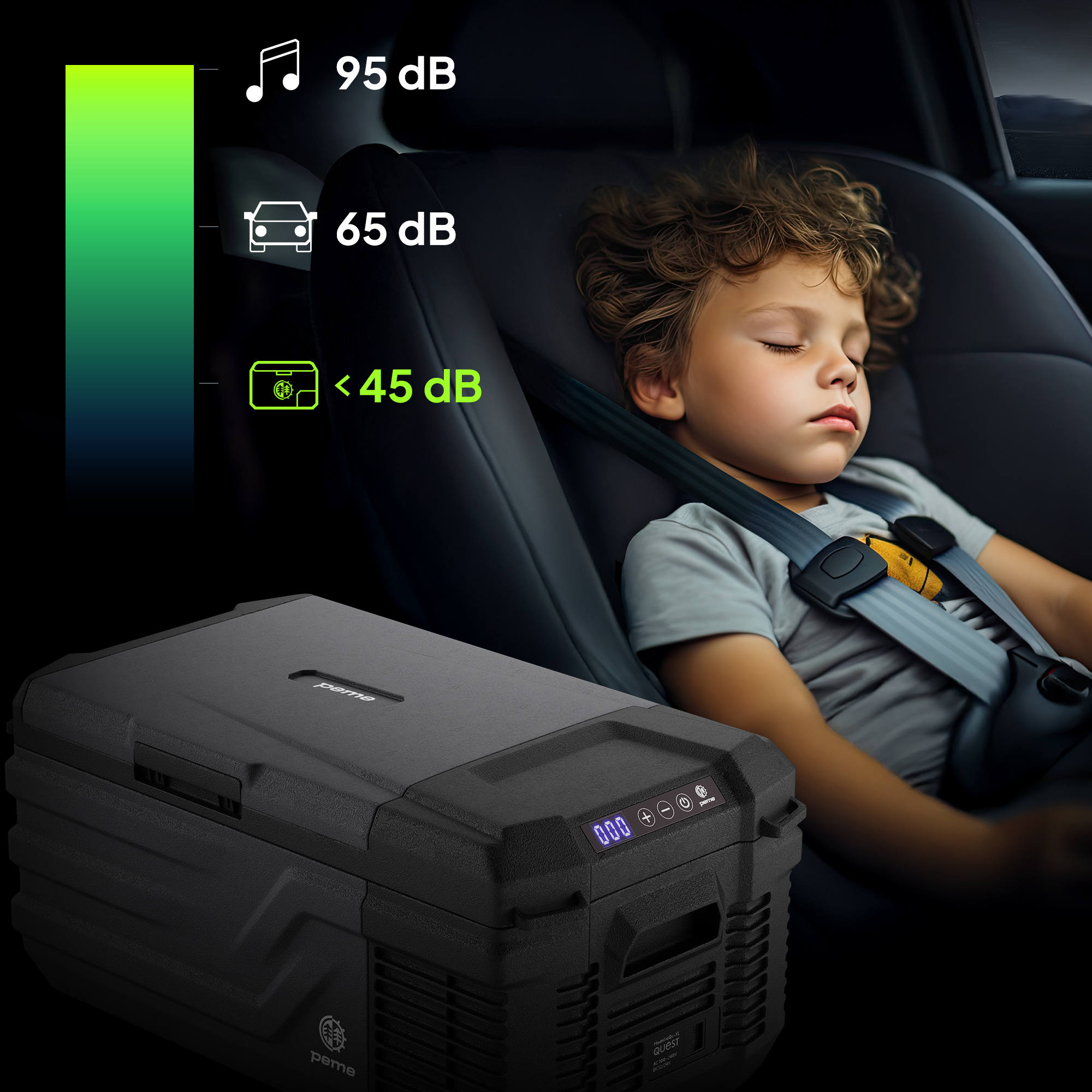 Ein schlafendes Kind im Auto, neben einem schwarzen Auto-Kühlschrank. Geräuschpegel werden angezeigt.