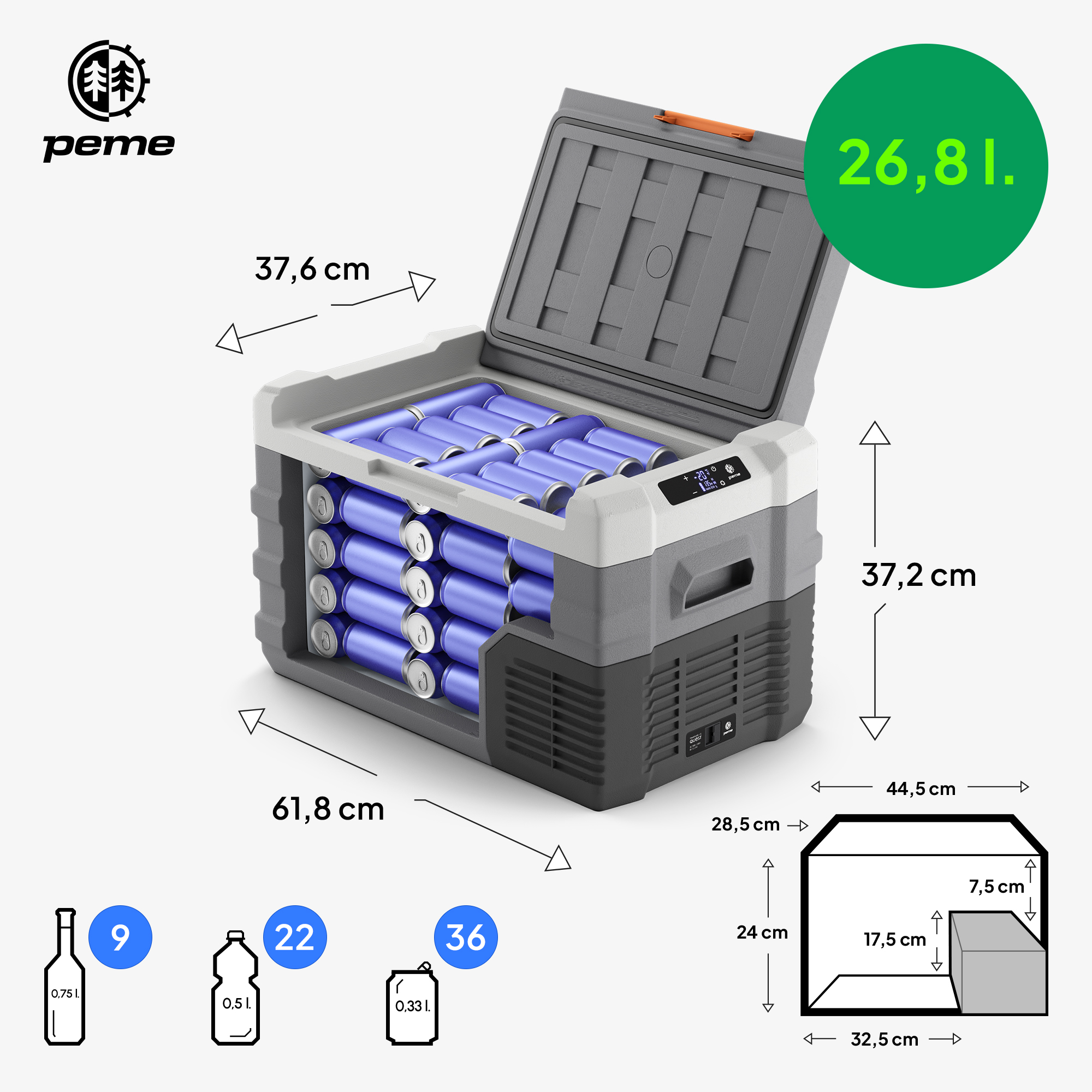 Offener Auto-Kühlschrank mit Inhalt, Maßen und Diagrammen. Weißer Hintergrund.