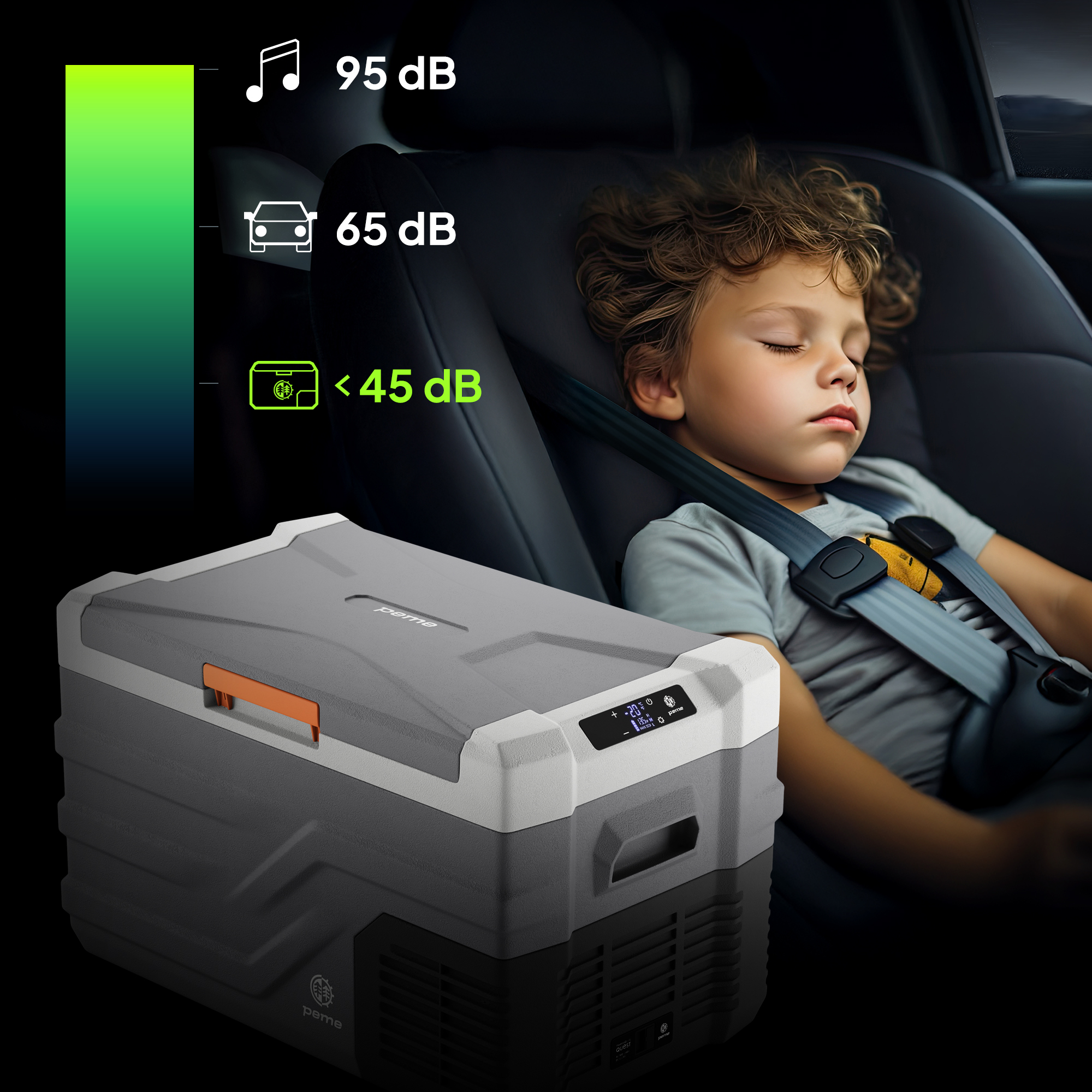 Ein schlafendes Kind im Auto, neben einem Auto-Kühlschrank mit Geräuschpegelanzeigen. Schwarzer Hintergrund.