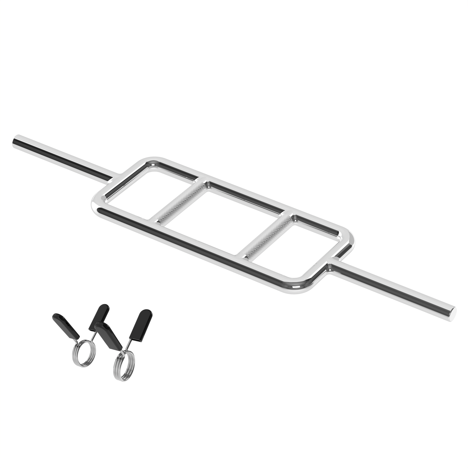 A chrome weight bar with a rectangular grip area, with barbell clips.