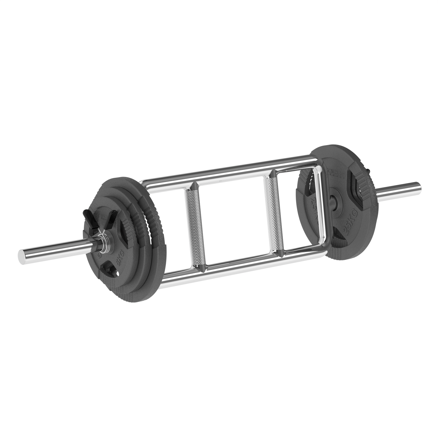 A weight bar with attached weight plates, with a rectangular grip, and black handles.