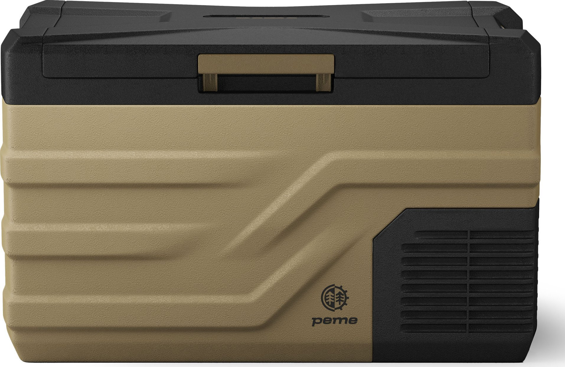 Beige und schwarze Kühlbox. Sie hat eine rechteckige Form mit einem schwarzen Deckel und einem Logo auf der Vorderseite. Weißer Hintergrund.