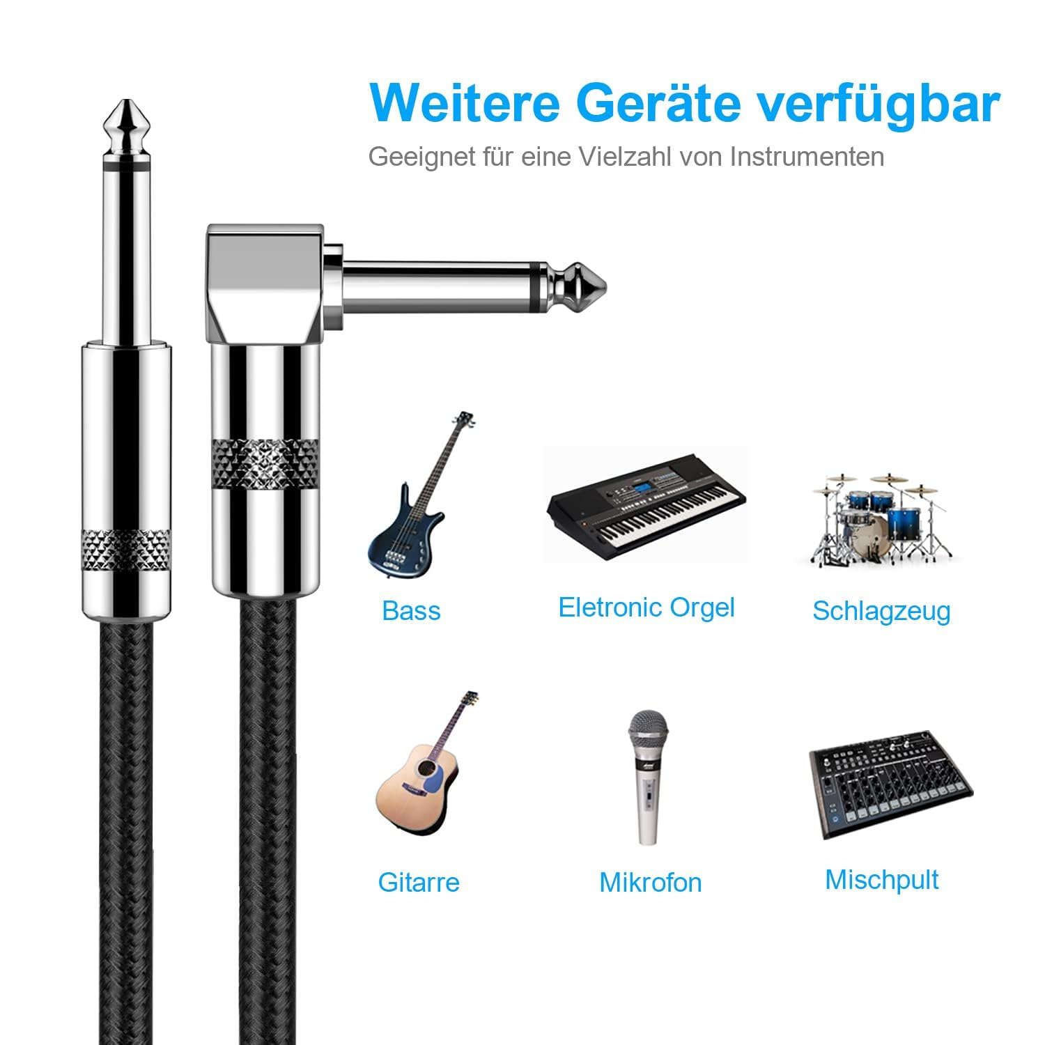 Zwei silberne Kabel mit Klinkensteckern und Bilder von Musikinstrumenten.