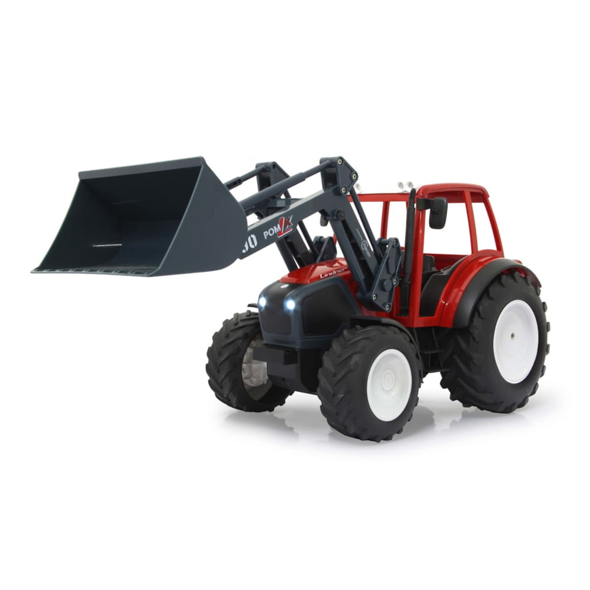 Roter Spielzeugtraktor mit grauem Frontlader, weißen Rädern und weißem Dach auf weißem Hintergrund.
